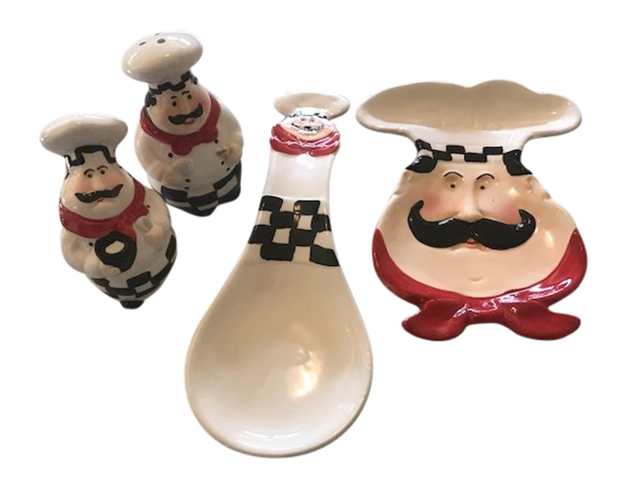 Chubby Chef Salt and Pepper Shaker Set, Spoon Rest and Kitchen Plate 3 Item Bundle