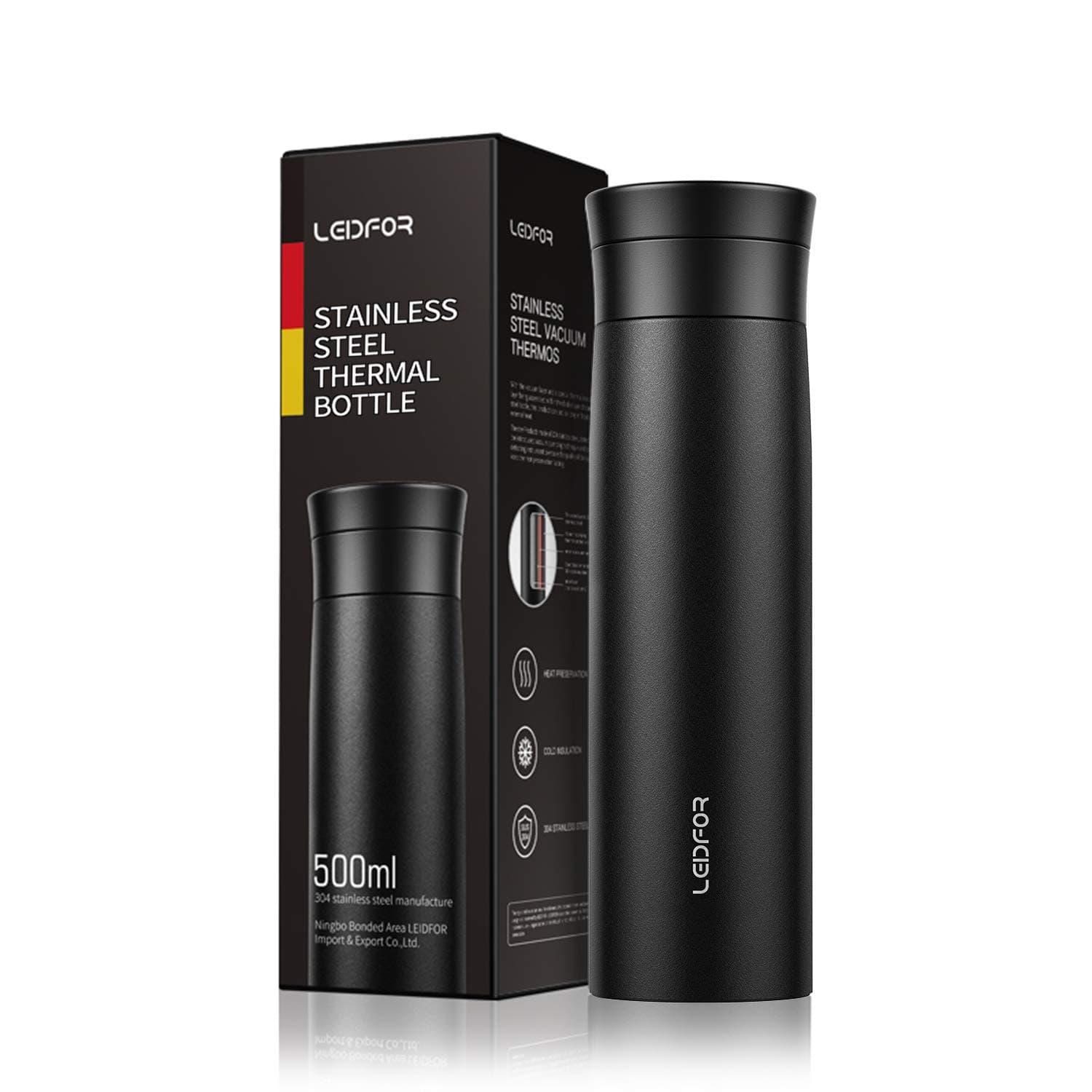 Tea Bottle with Tea Filter, Thermal Mug, Double Wall Insulated Stainless Steel Tumbler, Coffee Cup, Travel Mug, Leak-Proof, Screw Lid, Portable, 16 oz, Black