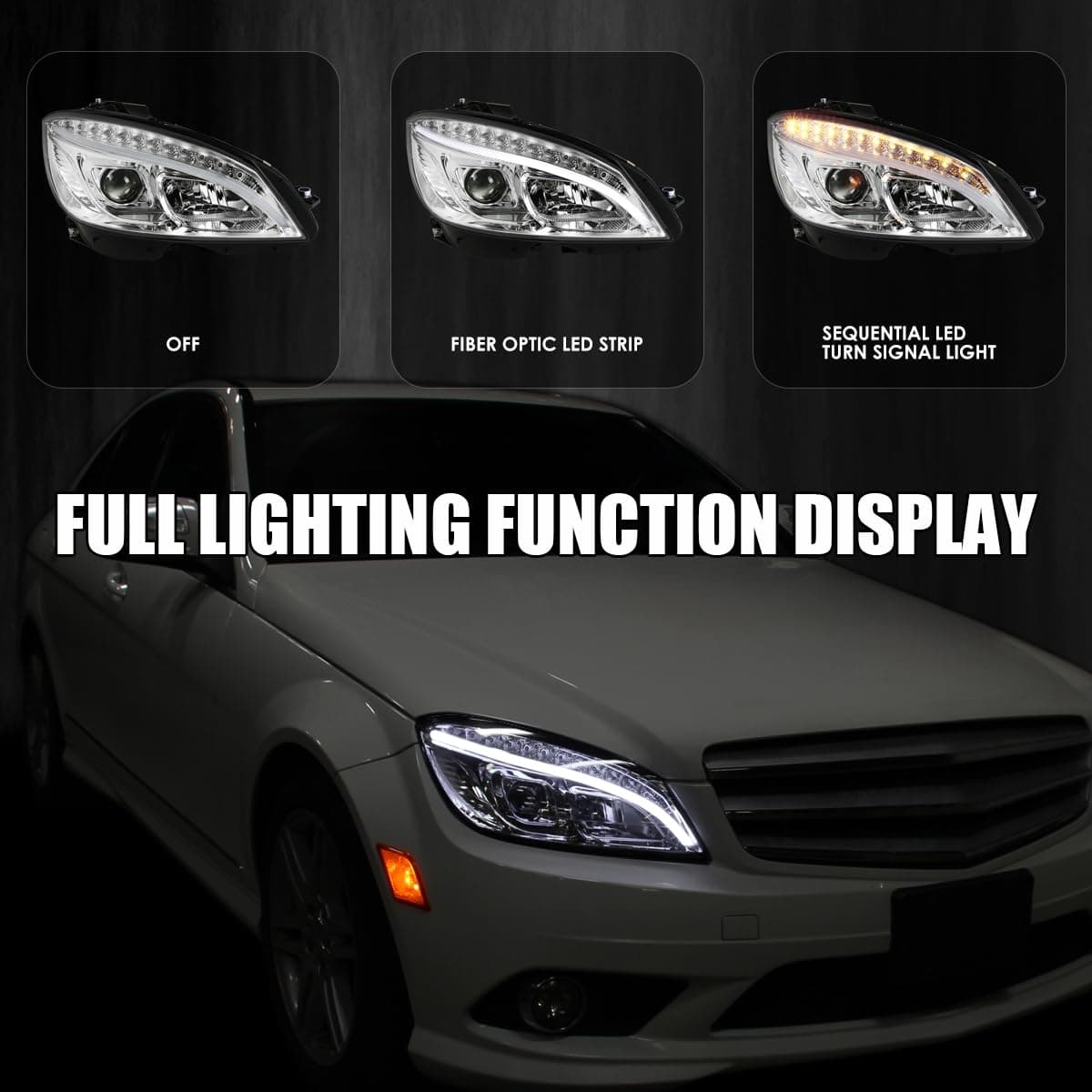 SPEC-D TUNING Chrome LED Projector Headlights Compatible with 2008-2011 Mercedes Benz W204 C-Class, Left + Right Pair Headlamps Assembly