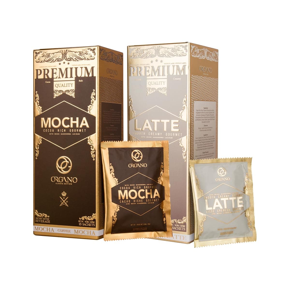 Combo Pack, 1 box Cafe Latte and 1 Box Cafe Mocha 100% Certified Organic Gourmet Coffee
