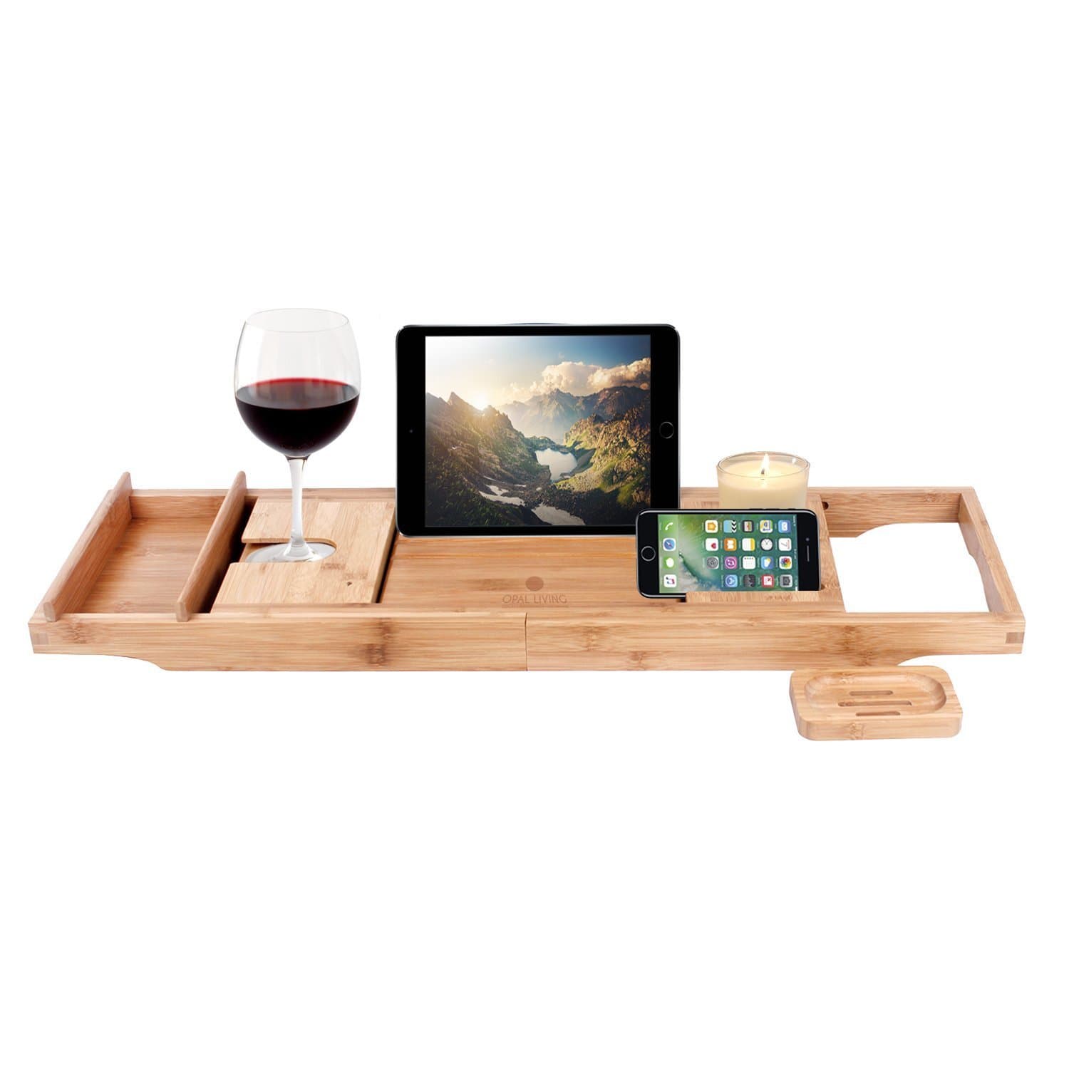 Natural Bamboo Bath Caddy: Bath Rack Bath Tray with Extending Sides | Integrated Wine glass Holder, Accessories Placement | Anti Slip Grips | Wooden Bath Rack | Wood Bath Bridge | FREE Soap Dish !