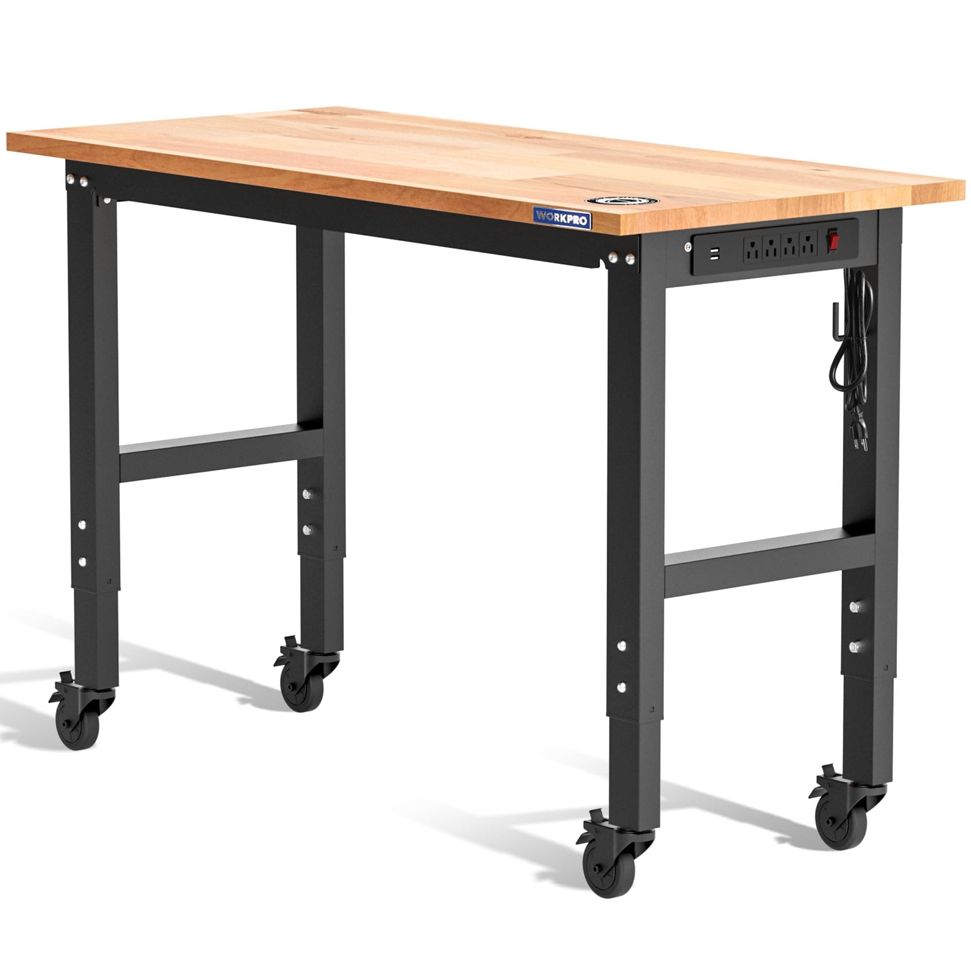 WORKPROGarage Workbench, 48"X22" Adjustable Workbench with Wheels, Rubber Wood Top Heavy-Duty Workstation with Power Outlets, 1000 LBS Stationary Load Capacity, for Workshop, Garage