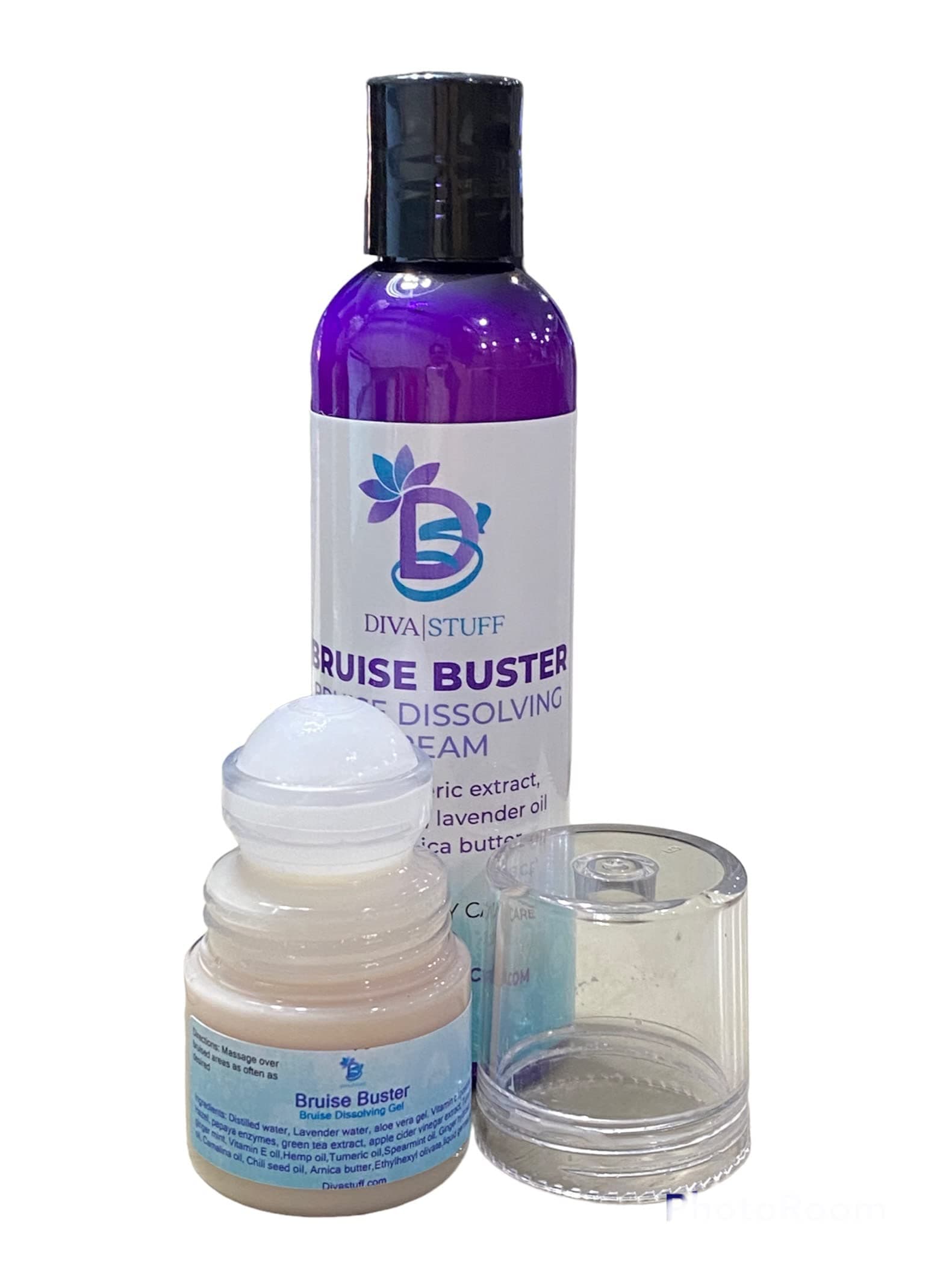 Diva Stuff Bruise Busting Cream 4 oz bottle and Rollerball Gel Treatment (Purse and Travel Size), For Those Who Bruise Easily, With Arnica Butter, Lavender and Turmeric, All Natural, 4 oz (2 Pack)
