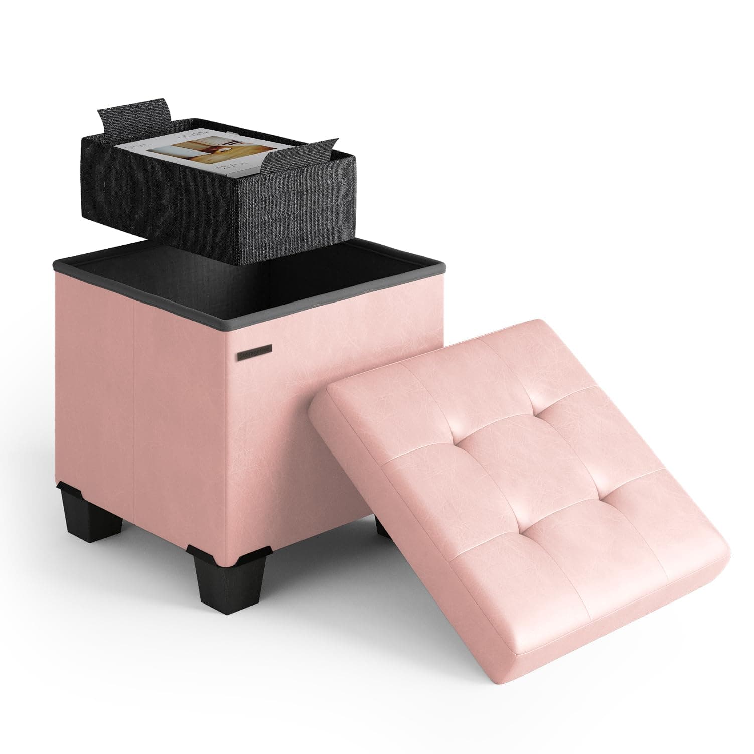 Storage Ottoman Cube with Small Bin, 15-in Square Ottoman with Storage for Living Room and Bedroom, Small Ottomans Foot Rest, Leather Foot Stools Ottomans Max 330lbs, Pink