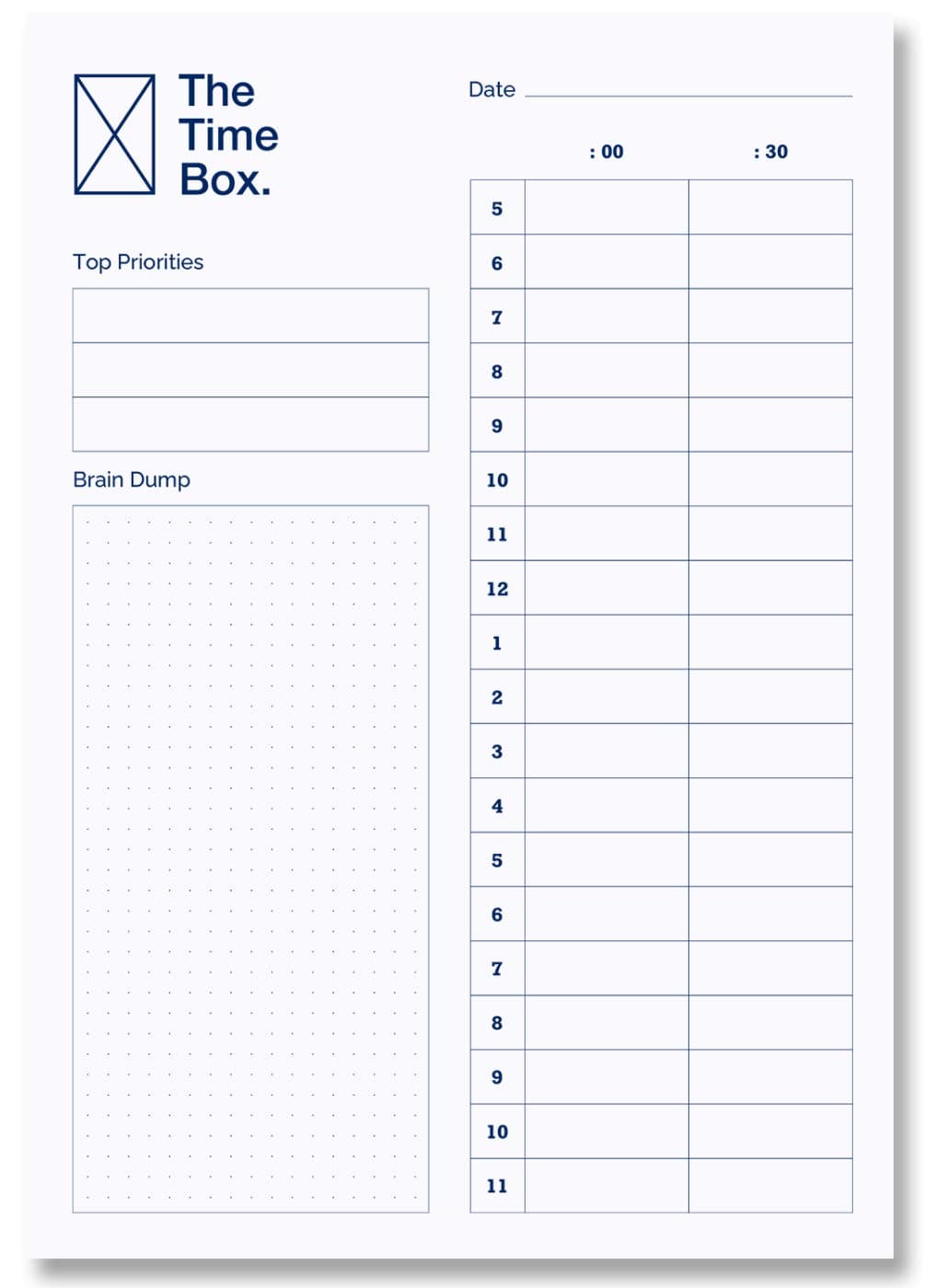 The Time Box. Daily Management Planner - Blocking To Do List Planning Pad, Blank Hourly Notepad - Personal Organizer Notepad for Work - Brain Dump Agenda Notebook - 60 Undated Sheets 7" x 10"