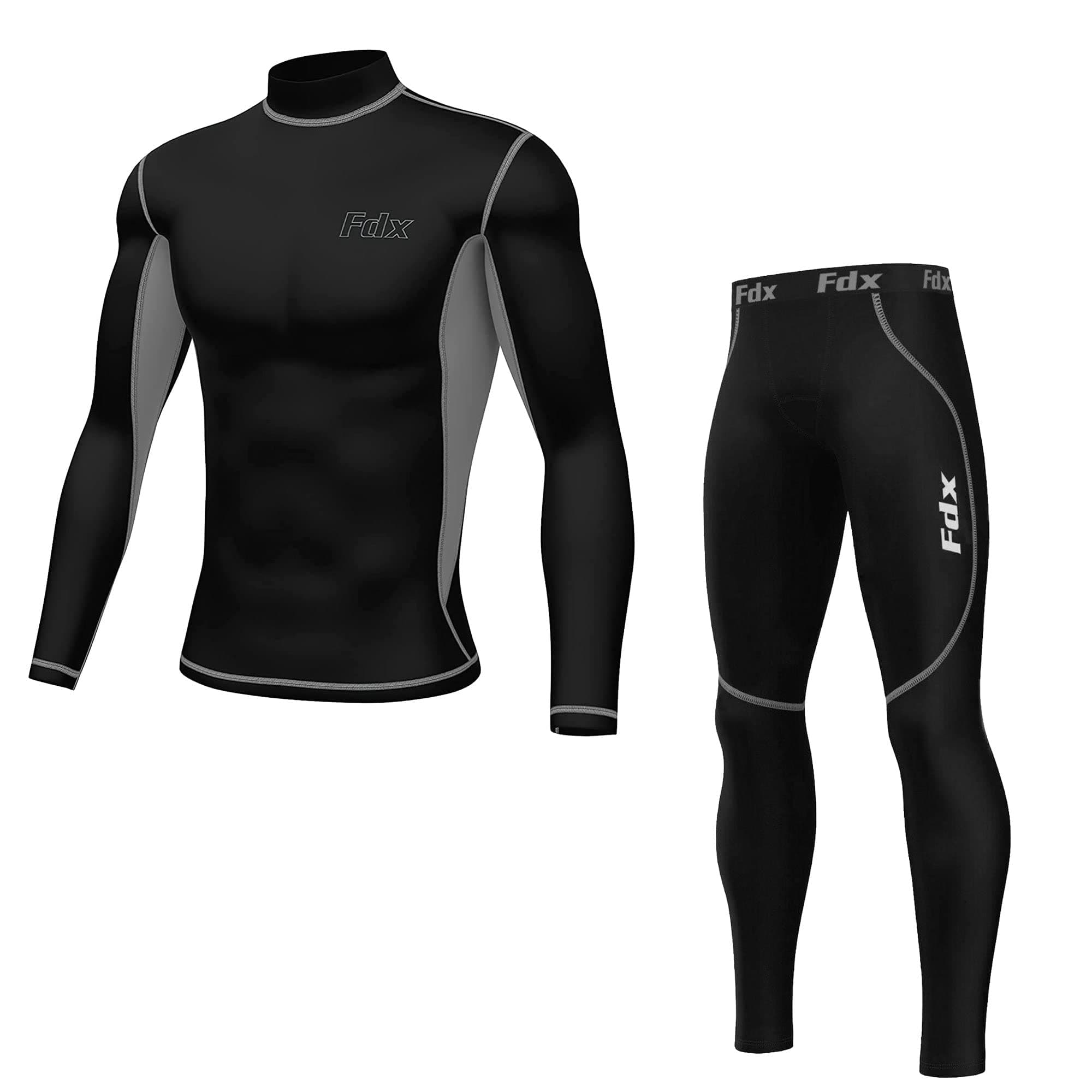 FDXMen’s Thermal Compression Suit, Breathable, Lightweight, Elastic Cool Quick Dry Base Layer Bottom Underpants Top Mock Neck for Running, Gym, Workout, Training, Exercise, Fitness