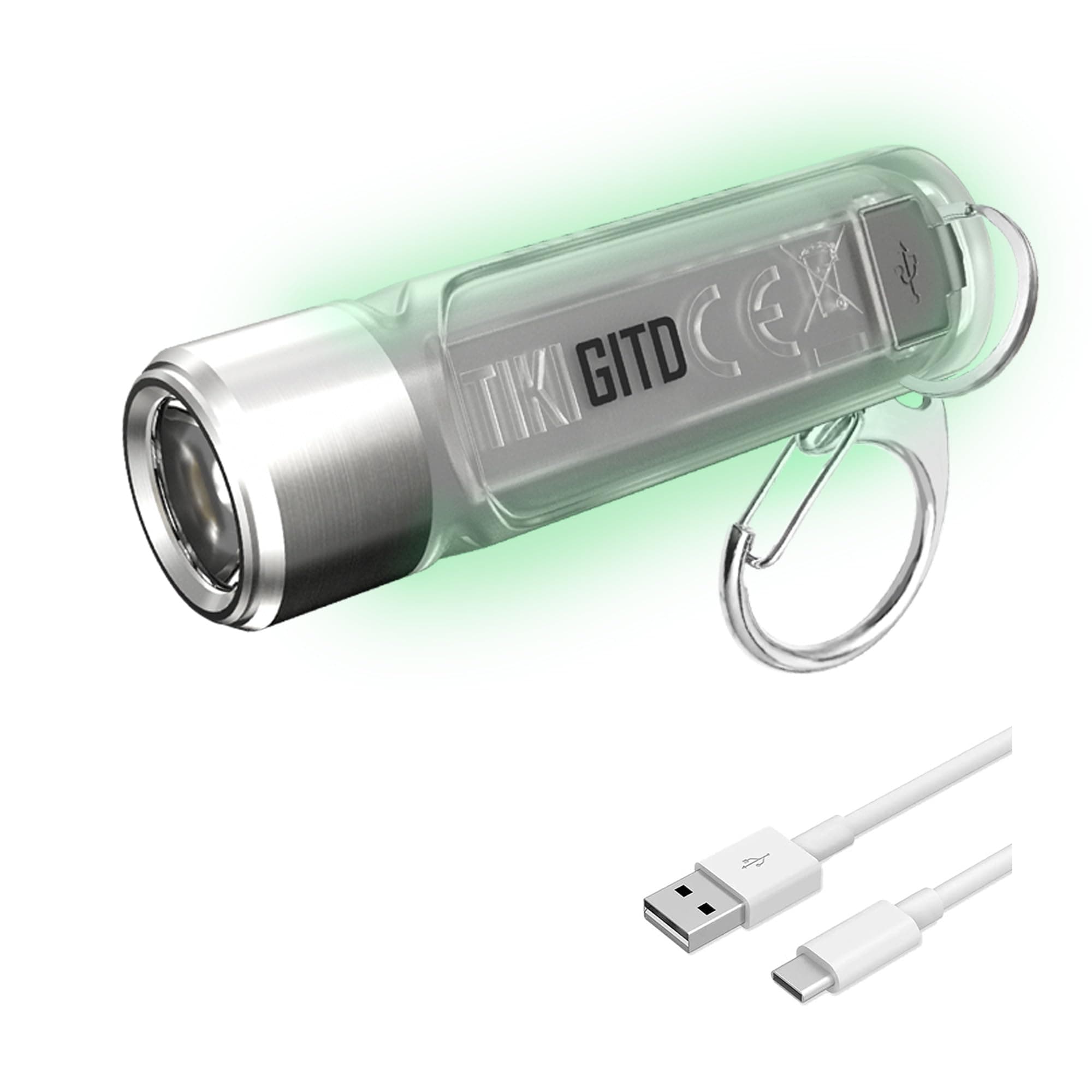 Tiki GITD Green Keychain Flashlight with UV & High CRI Light, 300 Lumen Everyday Carry USB Rechargeable and USB-C Charging Cable