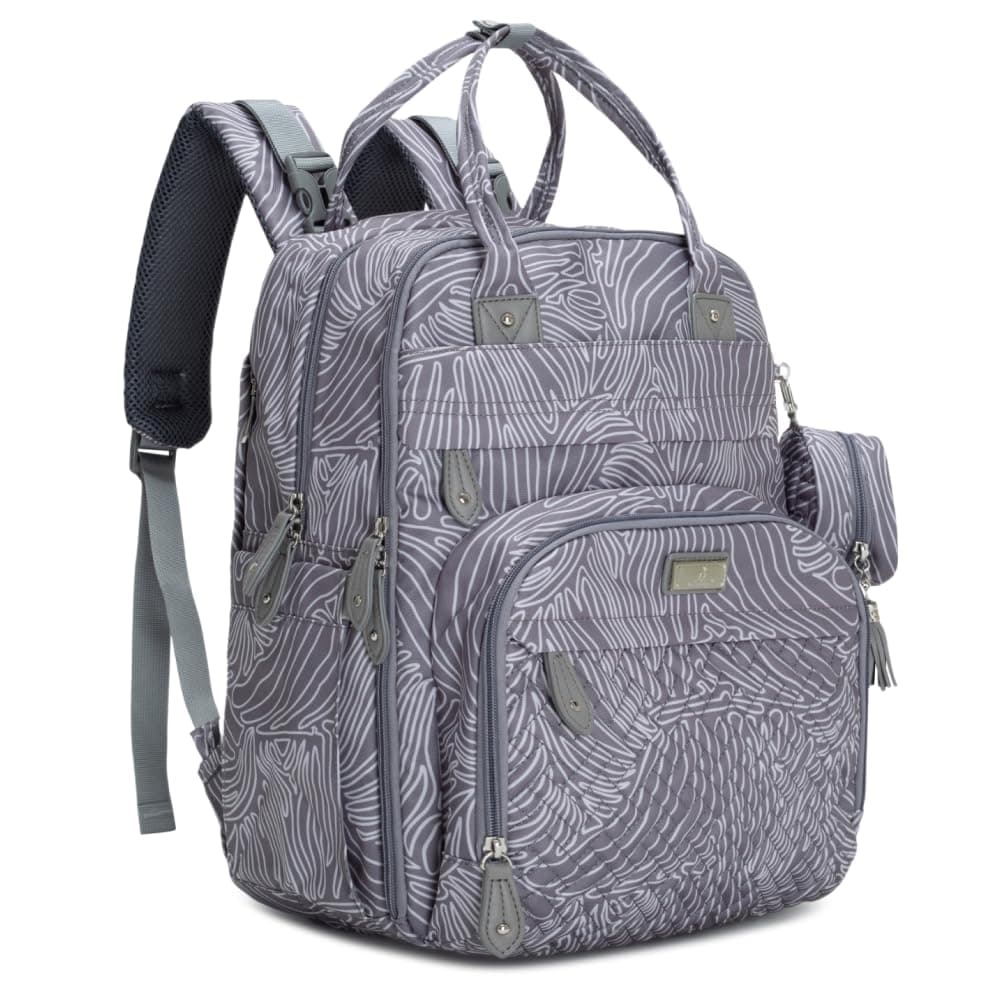 Diaper Bag Backpack - Baby Essentials Travel Tote - Multi Function Water Resistant Diaper Bag, Travel Essentials Baby Bag with Changing Pad, Stroller Straps & Pacifier Case - Grey Swirls