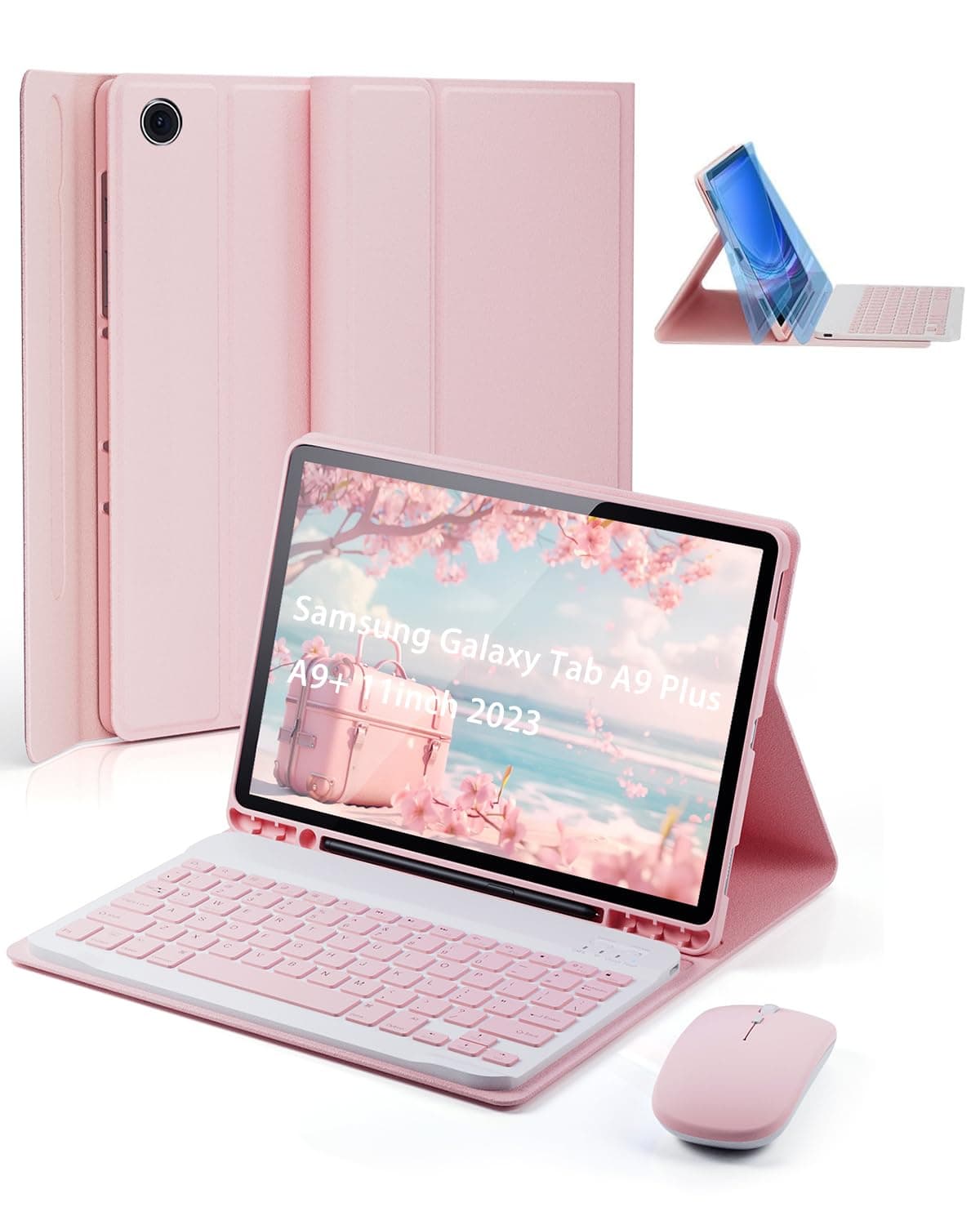 TUNKARMOR Case Keyboard for Samsung Galaxy Tab A9 Plus / A9+ 11inch 2023 - Mouse and Detachable Magnetic Keyboard, Slim Case with S Pen Holder, Auto Sleep/Wake (Pink)