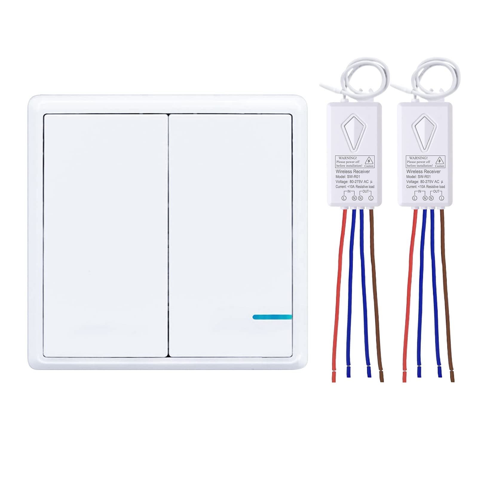 Thinkbee Wireless Light Switch and Receiver Kit, Outdoor 1969ft Indoor 130ft, No Wiring, No WiFi, Remote Control for Led Light Wireless Wall Switch, IP66 Waterproof (2 Gang and 2 Receivers Kit)