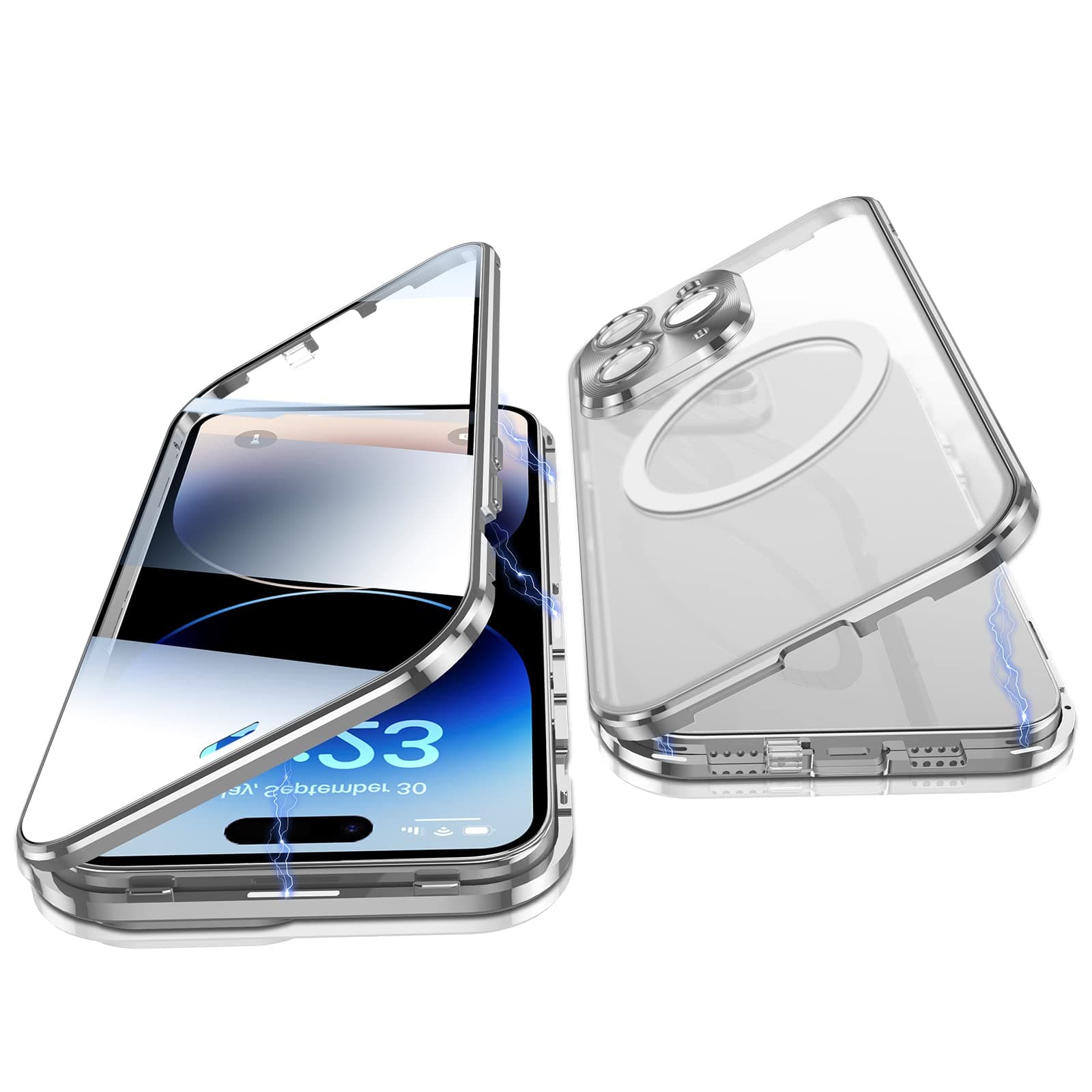 Case for iPhone 14 Pro Max, Jonwelsy 360 Degree Double-sided Protection Compatible with Magsafe Magnetic Adsorption Metal Bumper Front Tempered Glass Back Frosted PC Cover for 14 Pro Max 6.7" (Silver)