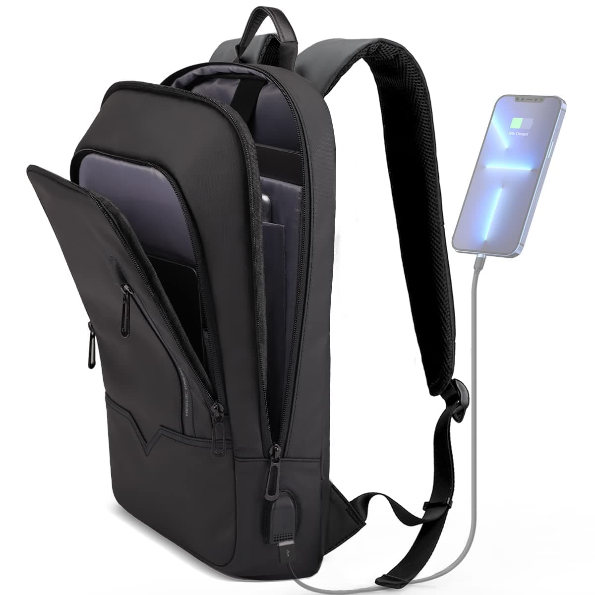 Backpack for Men Business Slim Backpack with USB Charger Computer Lightweight Anti-theft Travel, Black, 15.6 Inch, Daily