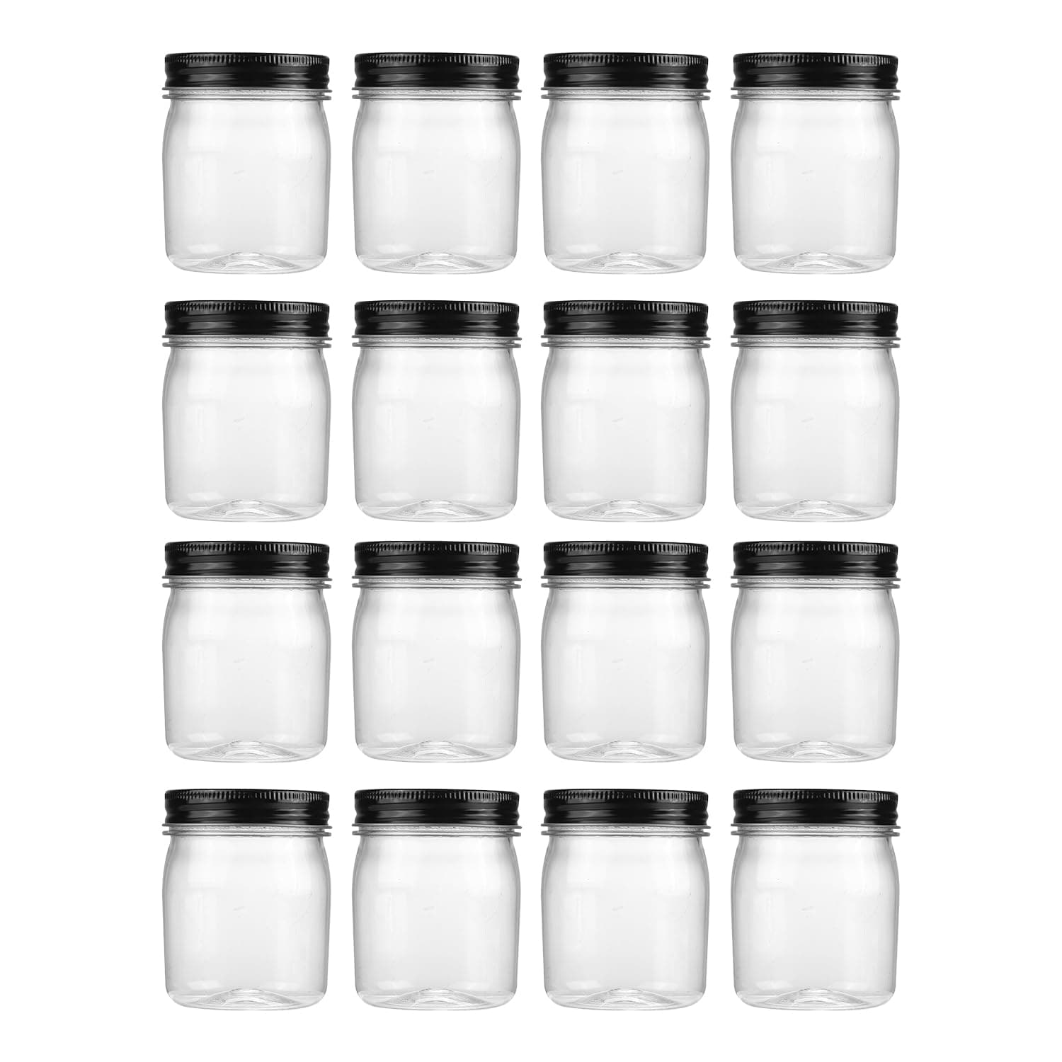 Novelinks 8 Ounce Clear Plastic Jars With Black Lids - Refillable Round Containers for Kitchen & Household Storage - BPA Free (16 Pack)