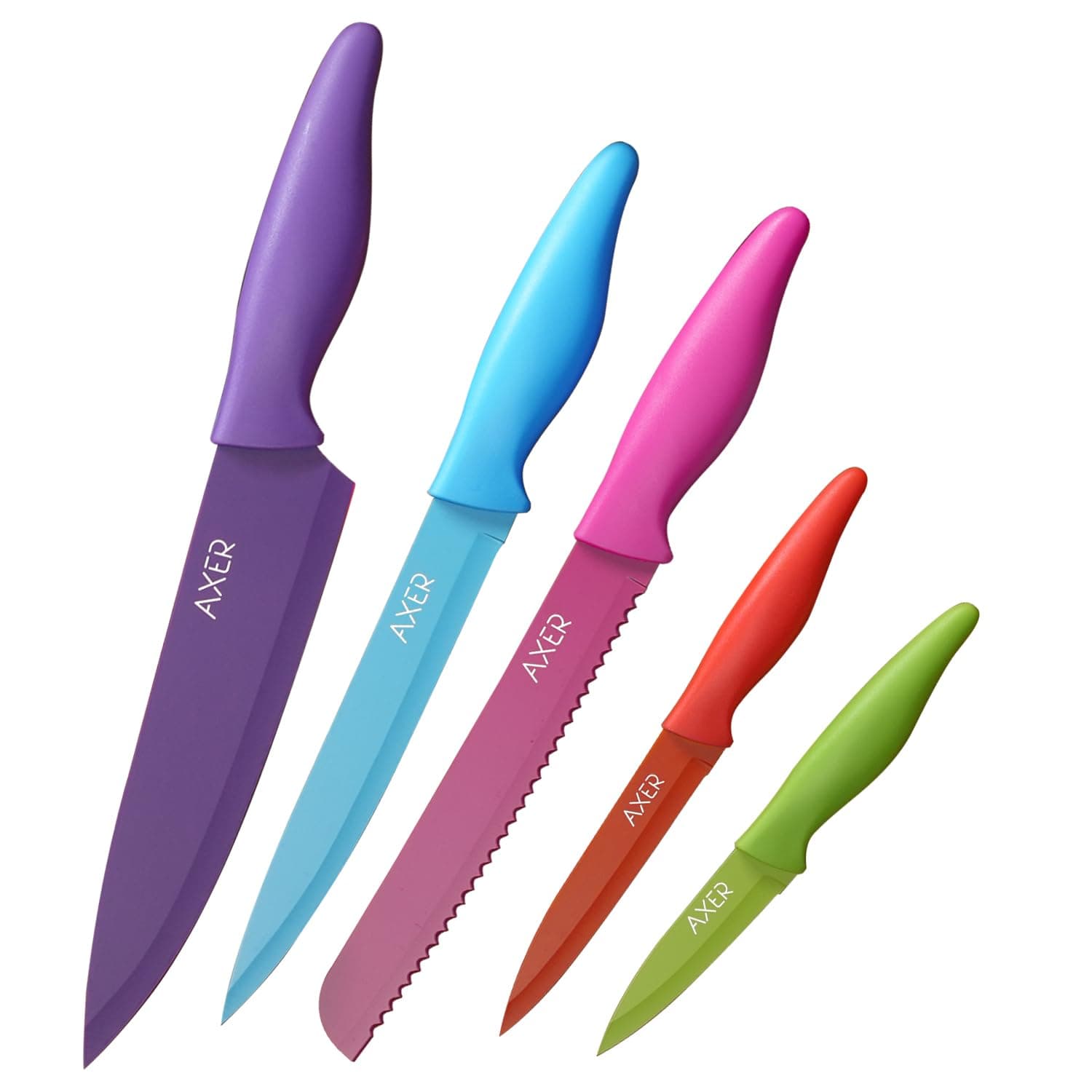 Axer Coloured Knife Set - Sharp Knife Set Non-Stick - Kitchen Knives Set High Carbon Steel - Colour Coded Knives 5 Piece with Non-Slip Handle - Sharp Kitchen Knife Set