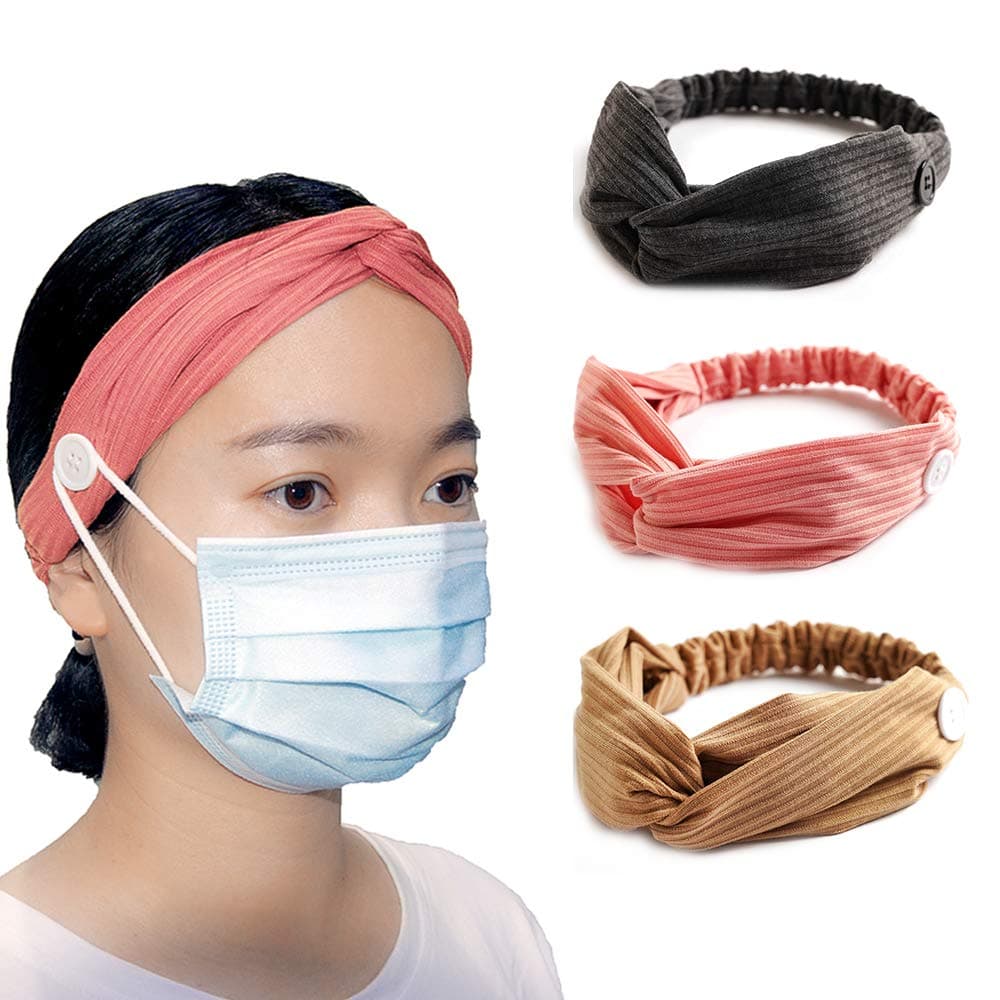 3 Pack Boho Headbands with Buttons for Face Masks Covers,Button Headbands Ear Saver Mask Holder Knotted Headband Wide Turban Headband Twisted Criss Cross Head Wrap Elastic Hair Accessories for Women