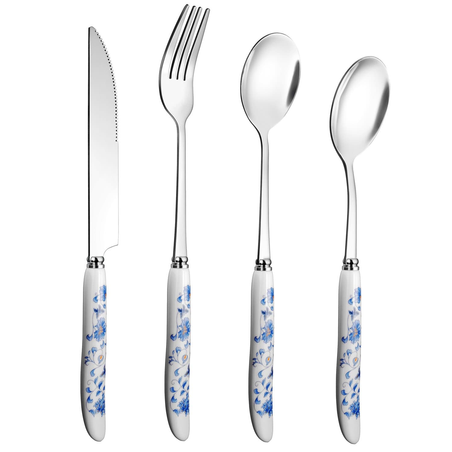 Blue and White Porcelain Silverware Set, 20 Pieces Flatware Set Include Knife/Fork/Spoon/Soup Spoons for 5 People, Mirror Polished, Dishwasher Safe. Stainless Steel Tableware Set Suitable for All Ages