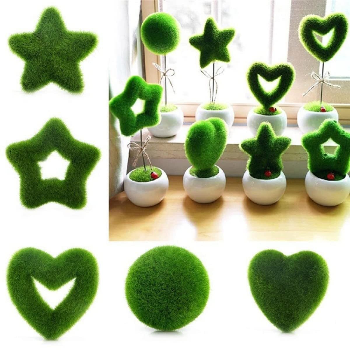 5pcs Creative Green Simulation Potted Plants Flocking Love Star Artificial Small Bonsai Grass Ball Home Decorations Ornaments Gifts