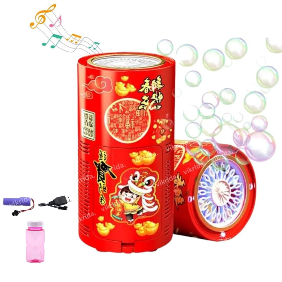 VikriDA Fireworks Bubble Maker Machine with Light & Music - 1 Bubble Solution Bottle - for Indoor Outdoor Birthday Party Celebration.