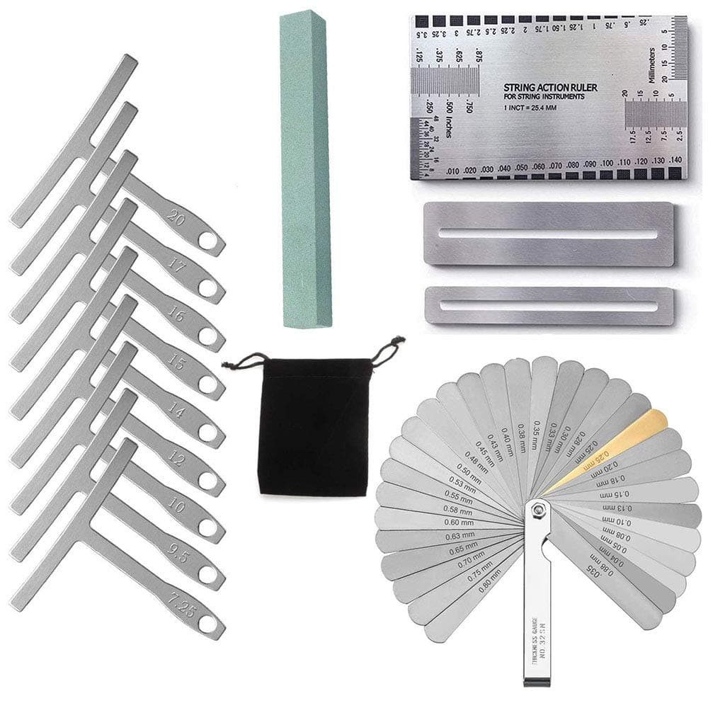 15 Pieces Guitar Radius Gauge Set Including String Action Ruler, 32 Blades Feeler Gauge, Fingerboard Fret Protector Guards and Grinding Stone for Guitar and Bass Setup