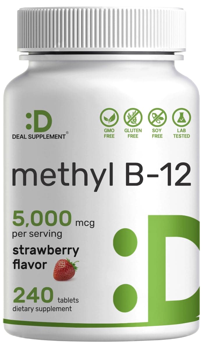 Methyl B-12 Vitamins 5000 mcg, 240 Chewable Tablets | Active Form - Strawberry Flavored - Energy Support & Brain Health Function - Vegetarian & GMO Free