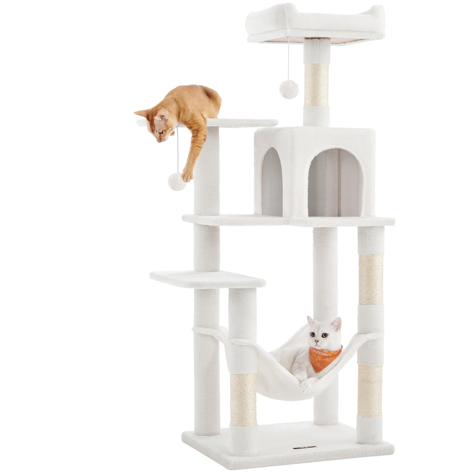 Cat Tree, 55.1-Inch Cat Tower, Plush Multi-Level Condo with 4 Scratching Posts, 2 Perches, Hammock, Cave, Cream White UPCT161T01