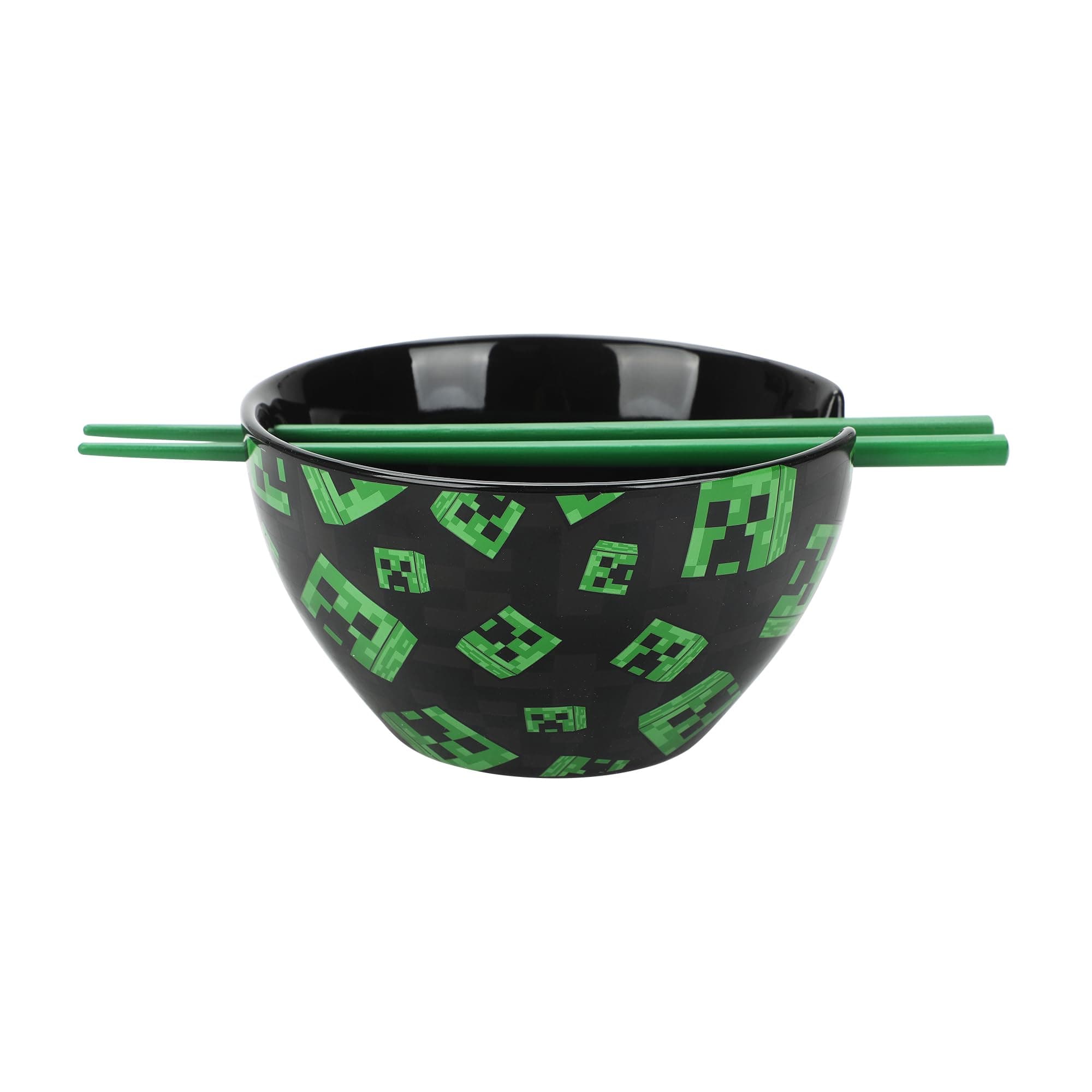 Minecraft Creeper Faces 20 Oz Black Ceramic Ramen Bowl With Plastic Chopsticks