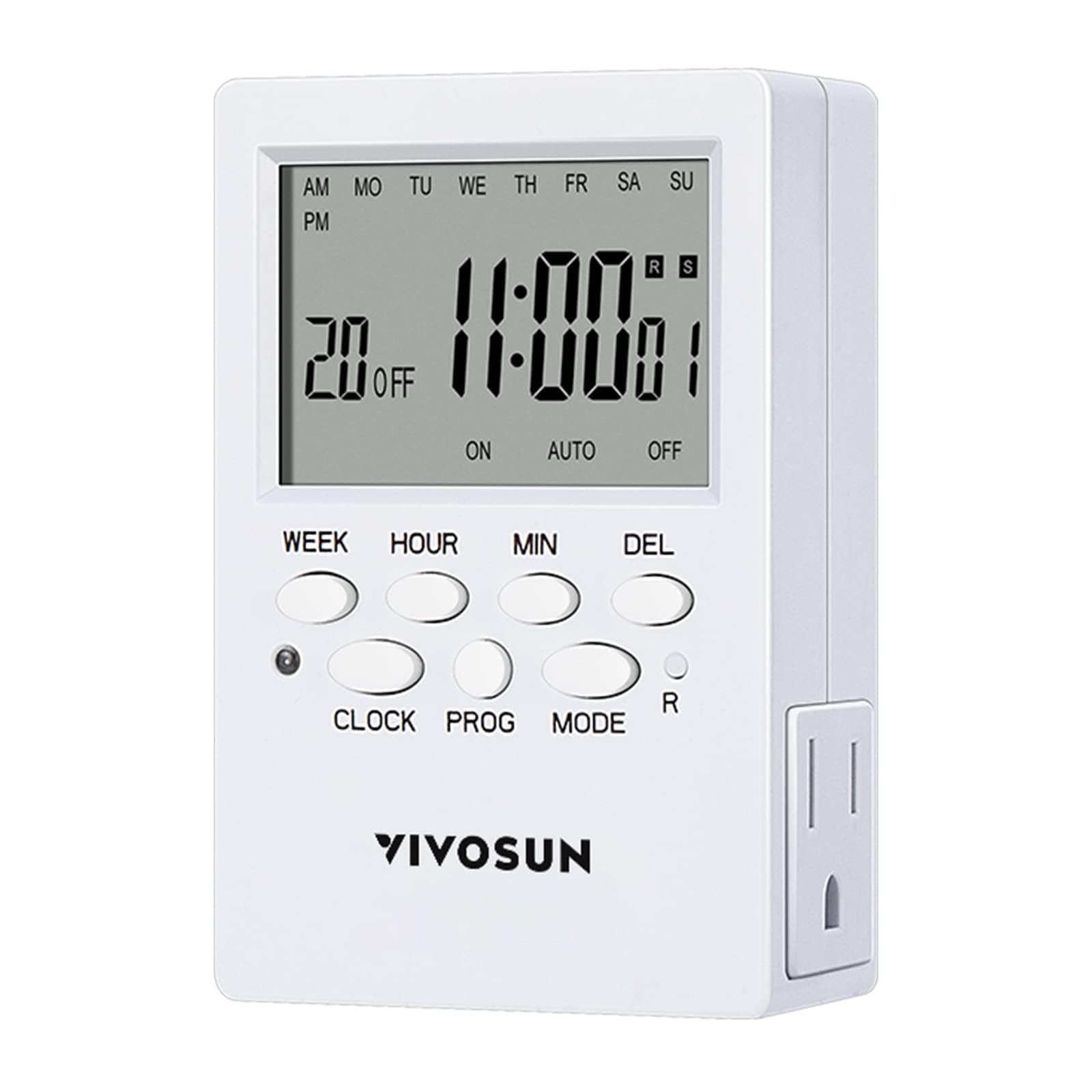 VIVOSUN Digital Timer Outlet 7 Day Programmable Digital Outlet Timer with 2 Independent Outlets 3 Prong, 20 on/Off Programs Groups, Countdown Setting, Indoor for Light Lamp, Fan（1Pack）