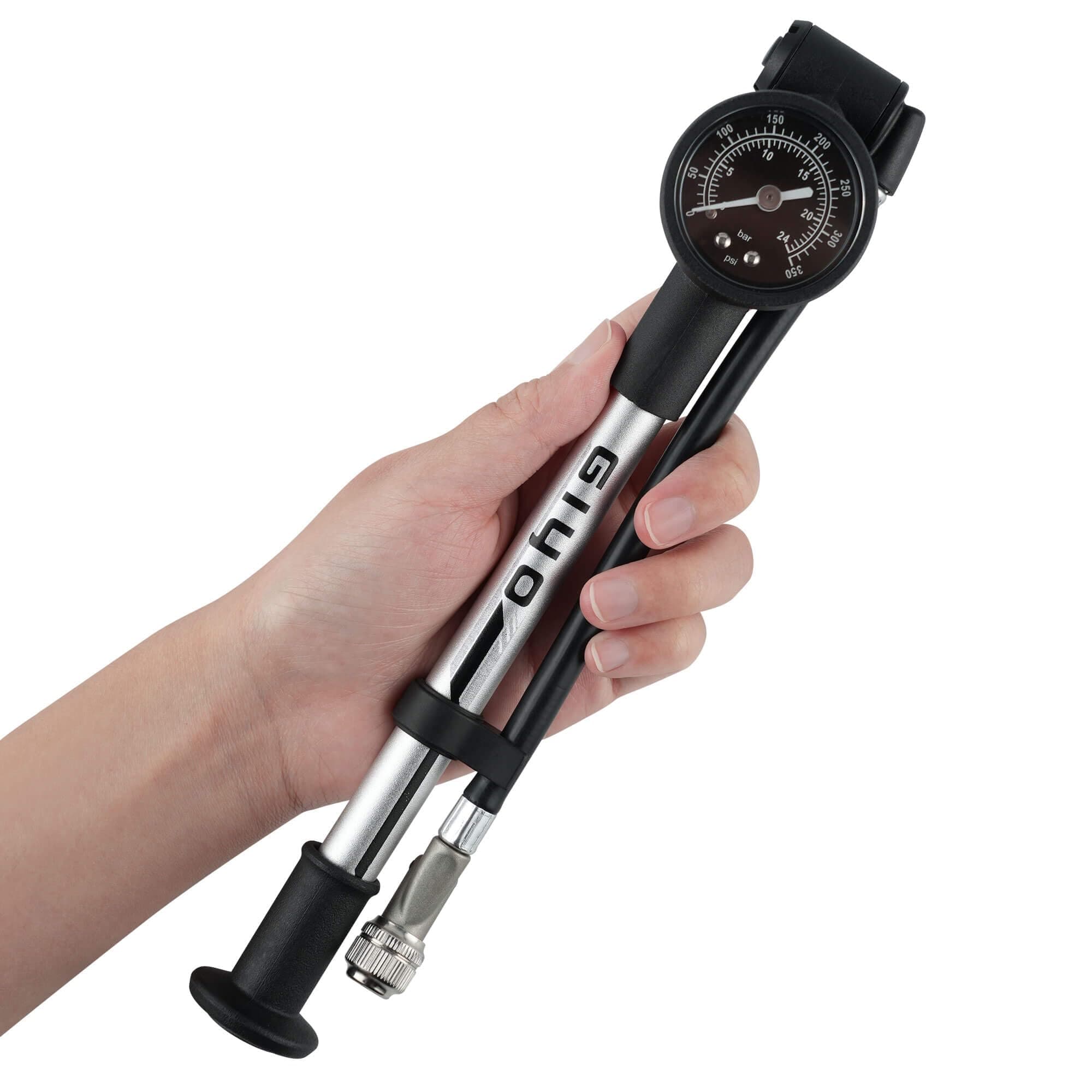 GIYO High Pressure Shock Pump (350 PSI) - Solid Lever Lock to Prevent Air Loss, Aluminum Barrel, 1.5 Inch Dial Gauge, Micro-Adjustable Bleeder, 360° Rotating Hose