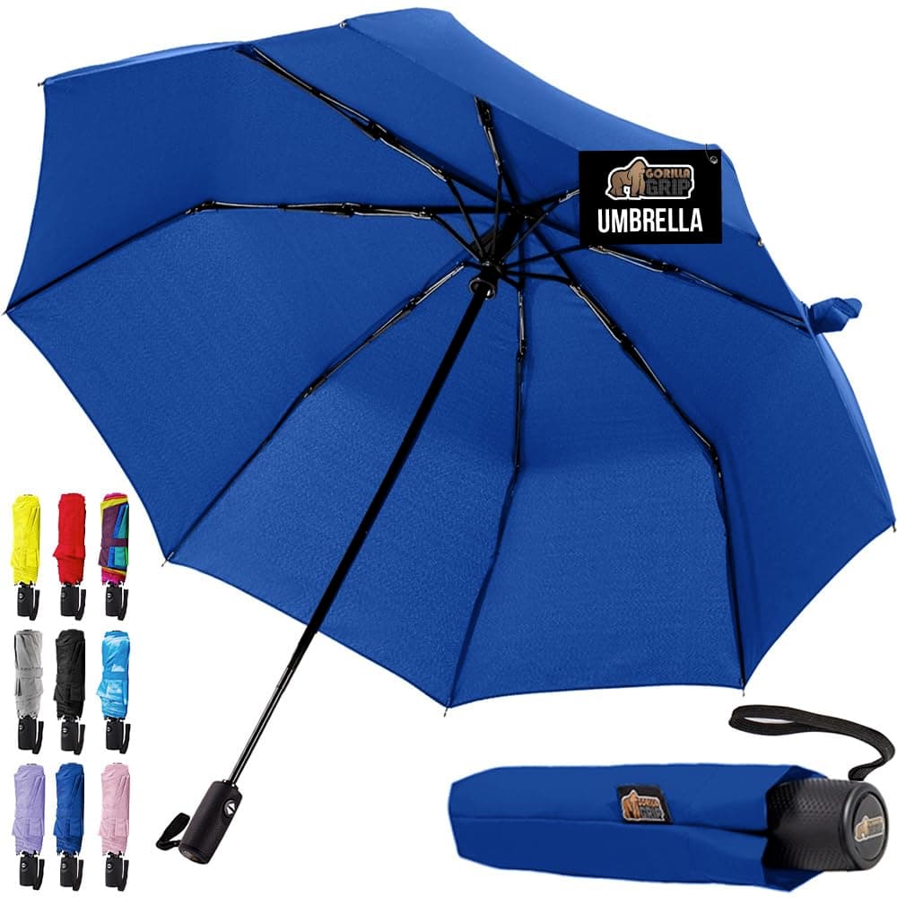 GORILLA GRIP Windproof Compact Stick Umbrella for Rain, One-Click Automatic Open and Close, Strong Reinforced Fiberglass Ribs, Easily Collapsible, Lightweight Portable Umbrellas for Travel, Navy