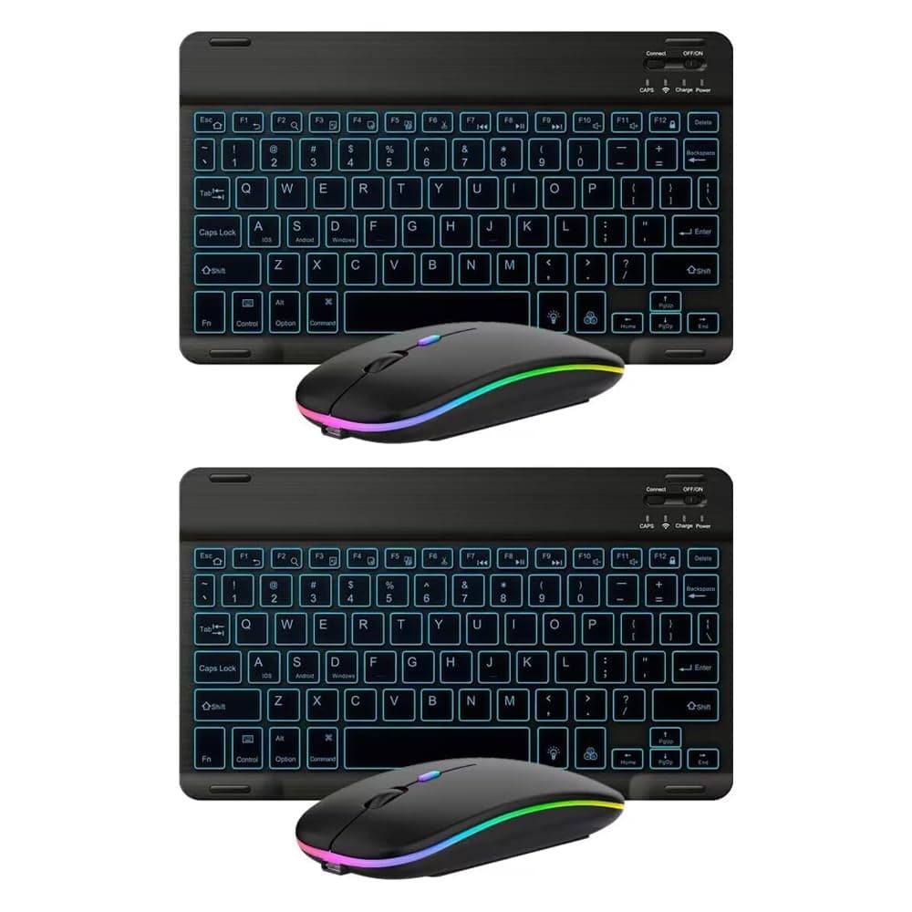 2 Pack Ultra-Slim Bluetooth Keyboard and Mouse Portable Mini Wireless Keyboard Rechargeable 7-Color Backlit for Apple iPad iPhone Samsung Tablet iPhone Smartphone iOS Android Windows,Black