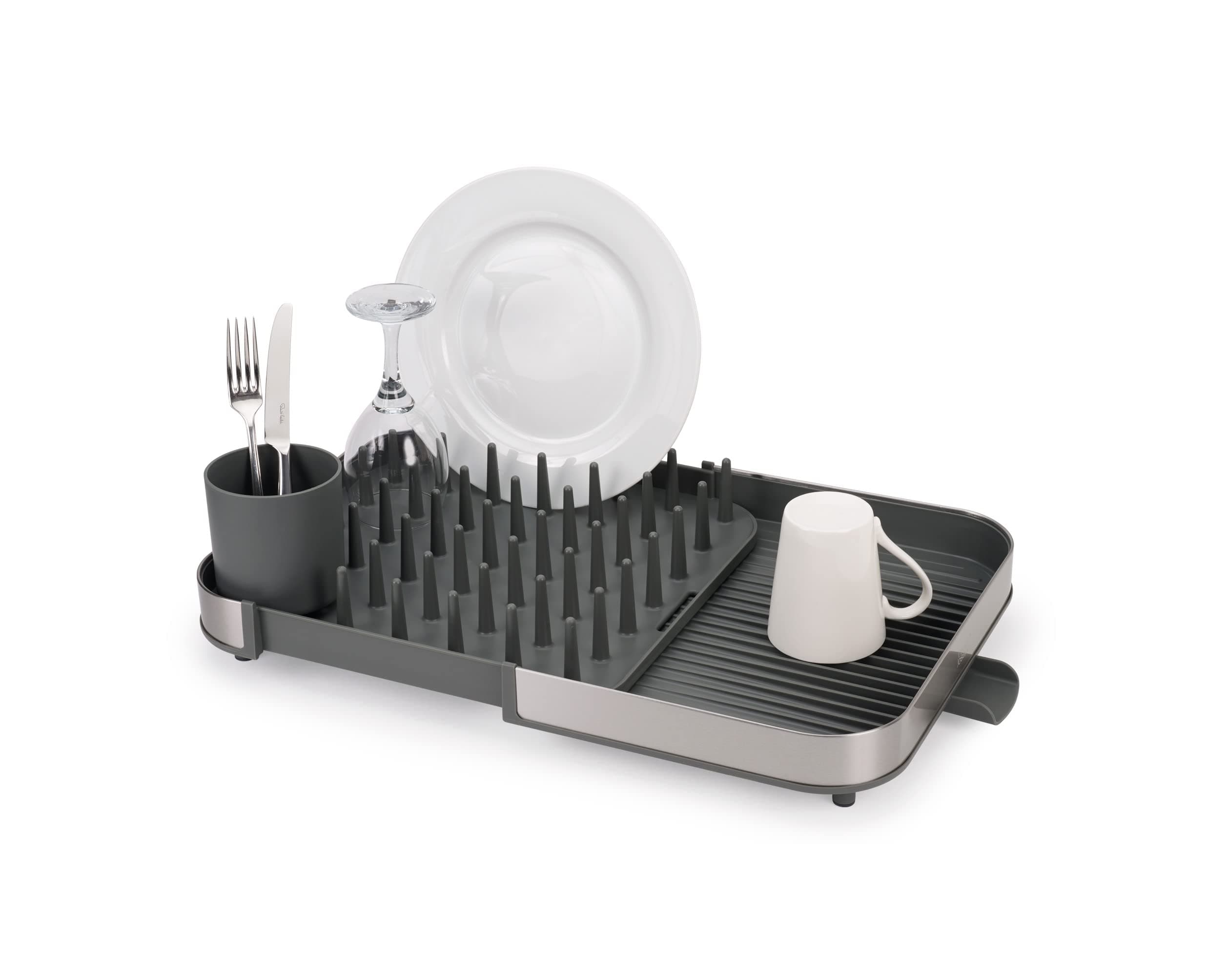 Duo Expanding Dish Drying Rack with Removable Silverware Holder, Draining Spout, Stainless Steel
