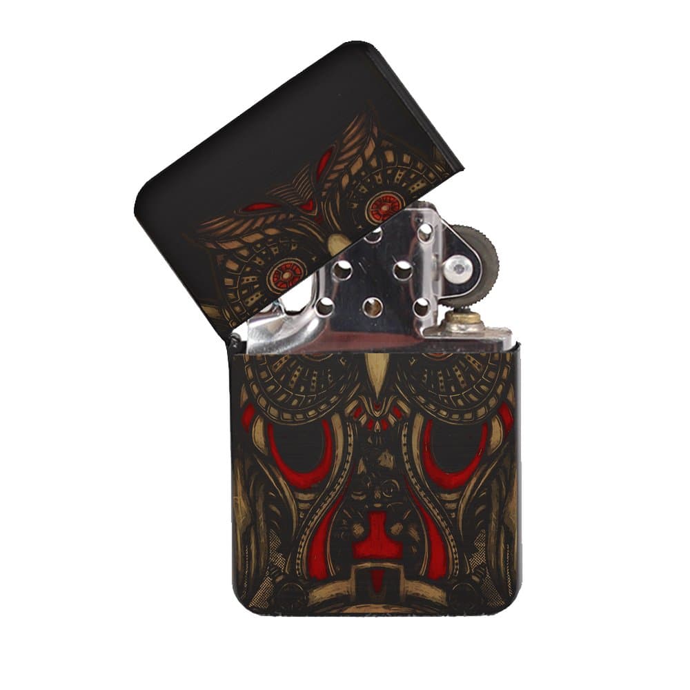 Steampunk Red Owl - Black Lighter Windproof Flip-Top Refillable with tin Gift Box
