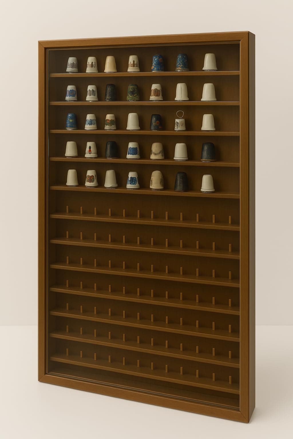 Showcase Collections Thimbles Capacity: 168 Thimbles Measures (Width/Depth/Height): 50 x 5 x 70 cm. Oak Varnish finish.
