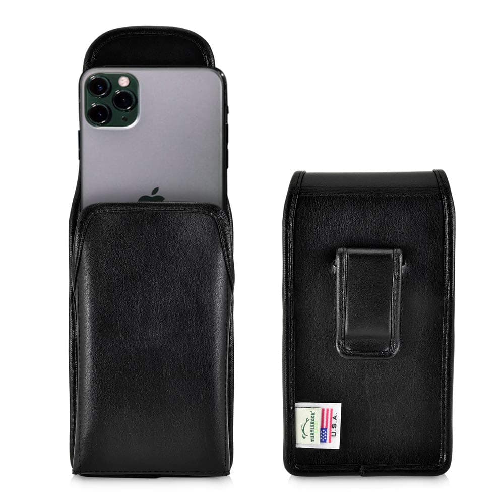 TurtleBackBelt Clip Designed for iPhone 14 Pro, 14, 13/13 Pro, 12/12 Pro Vertical Holster Case Black Leather Pouch with Executive Clip, Made in USA