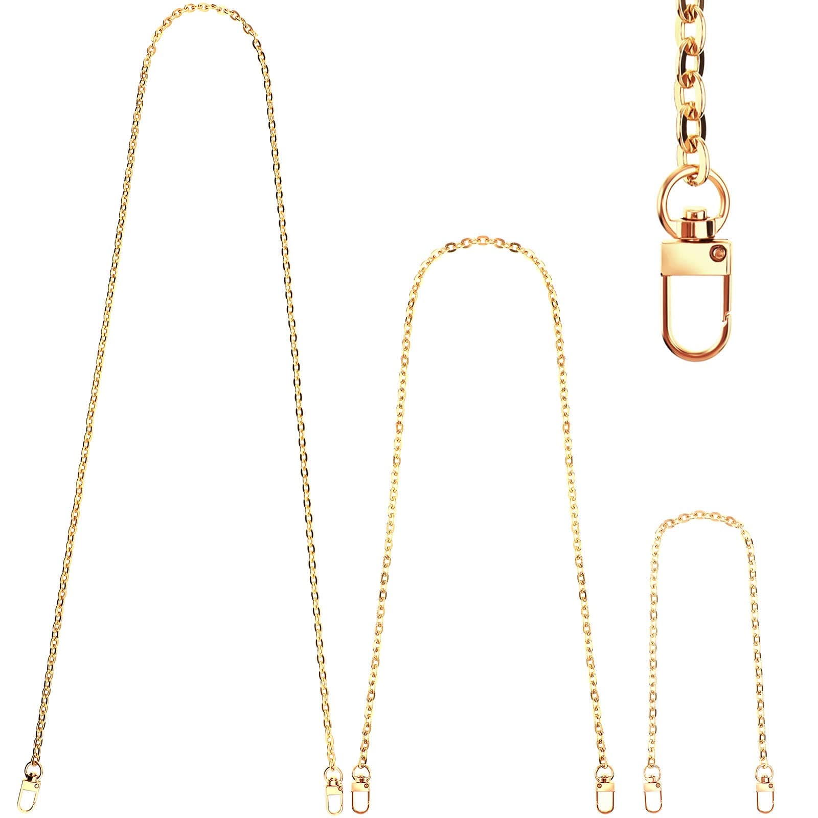 Junkin 3 Pcs Gold Purse Chains Replacement Purse Strap Flat Shoulder Link Chains, Classic Style Mini Metal with Metal Slide Hook Buckles for DIY Handbags Crafts 47 Inch 31 Inch 15 Inch