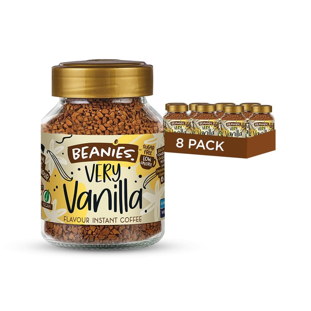 Beanies Instant Coffee Very Vanilla Flavour, 400g 50g x 8 Pack - Freeze Dried Granules, Sugar Free Low Calorie Coffee, Vegan Friendly, Smooth Light Brew for Daily Wellness