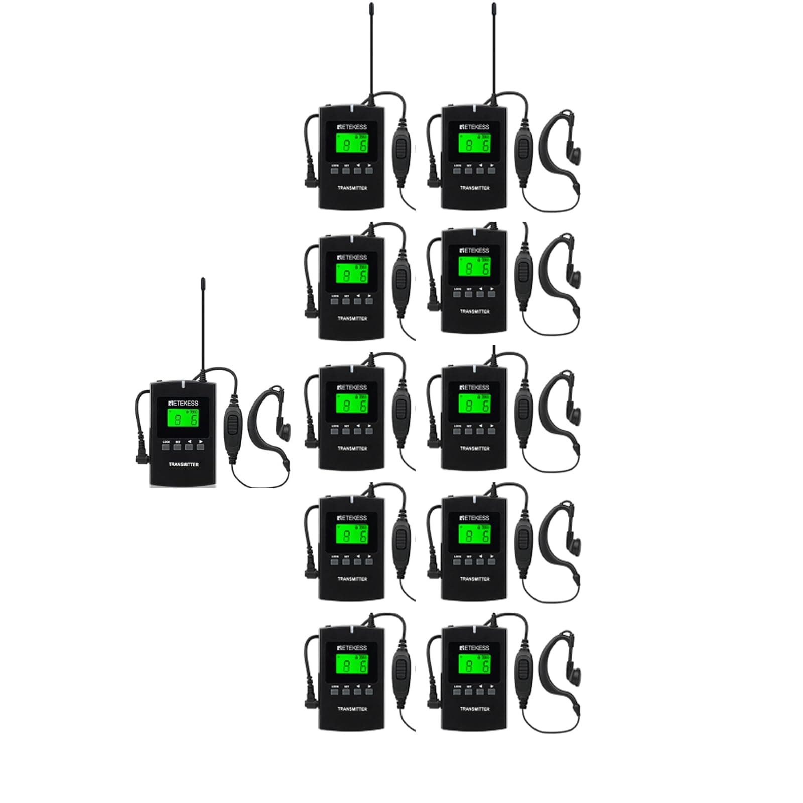 Retekess TT124 Tour Guide System with Two Way Audio,Two-Way Tour Headsets,918ft Long Range, Built-in Rechargeable Battery, 2-way Communications System for Plant Tours (1Transmitter 10 Receiver)