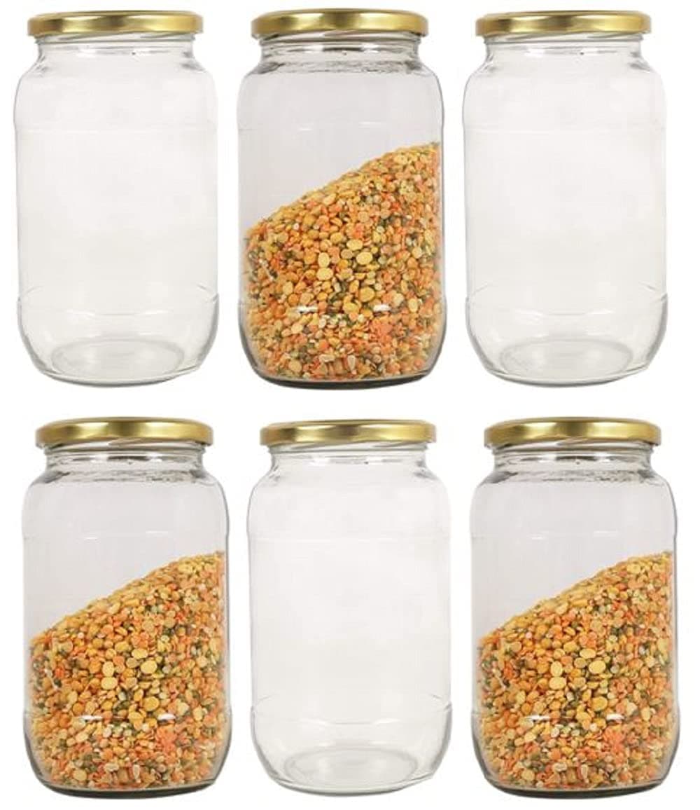 RTWARE Transparent Glass Jar And Container With Rust Proof Air Tight Gold Cap 1000 ml For jams, pickle, honey, ghee, oils, spices, masala And achar (1 KG Set of 6)