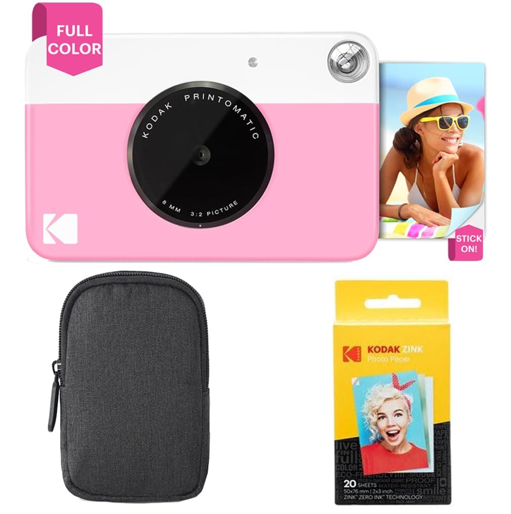 Printomatic Full-Color Instant Print Camera Starter Bundle + Carrying Case + Zink 20pk Photo Paper - Colorful Photos On 2x3" Sticky-Back Paper - Fun Gift for Birthday Christmas Holiday - Pink