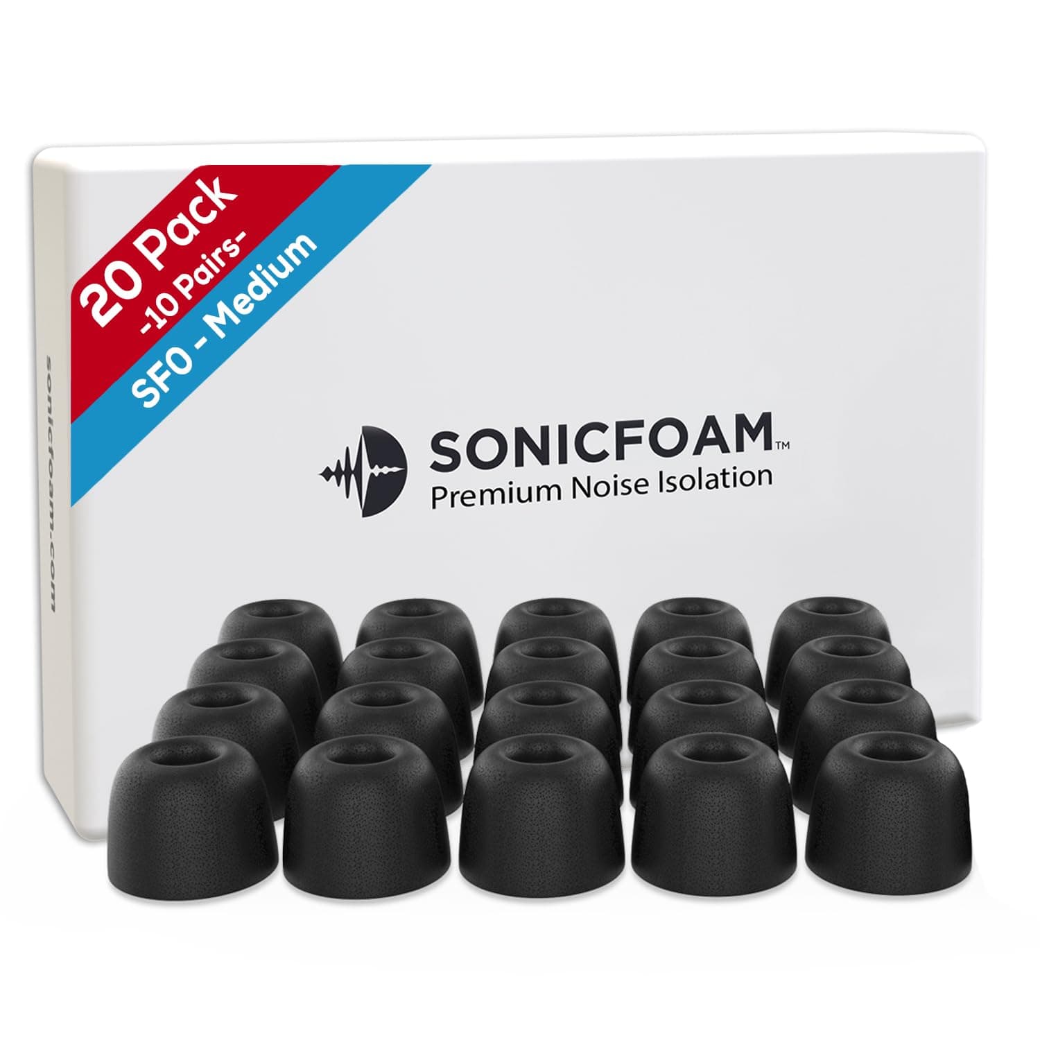 SONICFOAM (SF0 Medium Black) Memory Foam Earbud Tips for Earbuds with Speaker Diameter 6.6-7.2mm - (20 Pack / 10 Pairs)