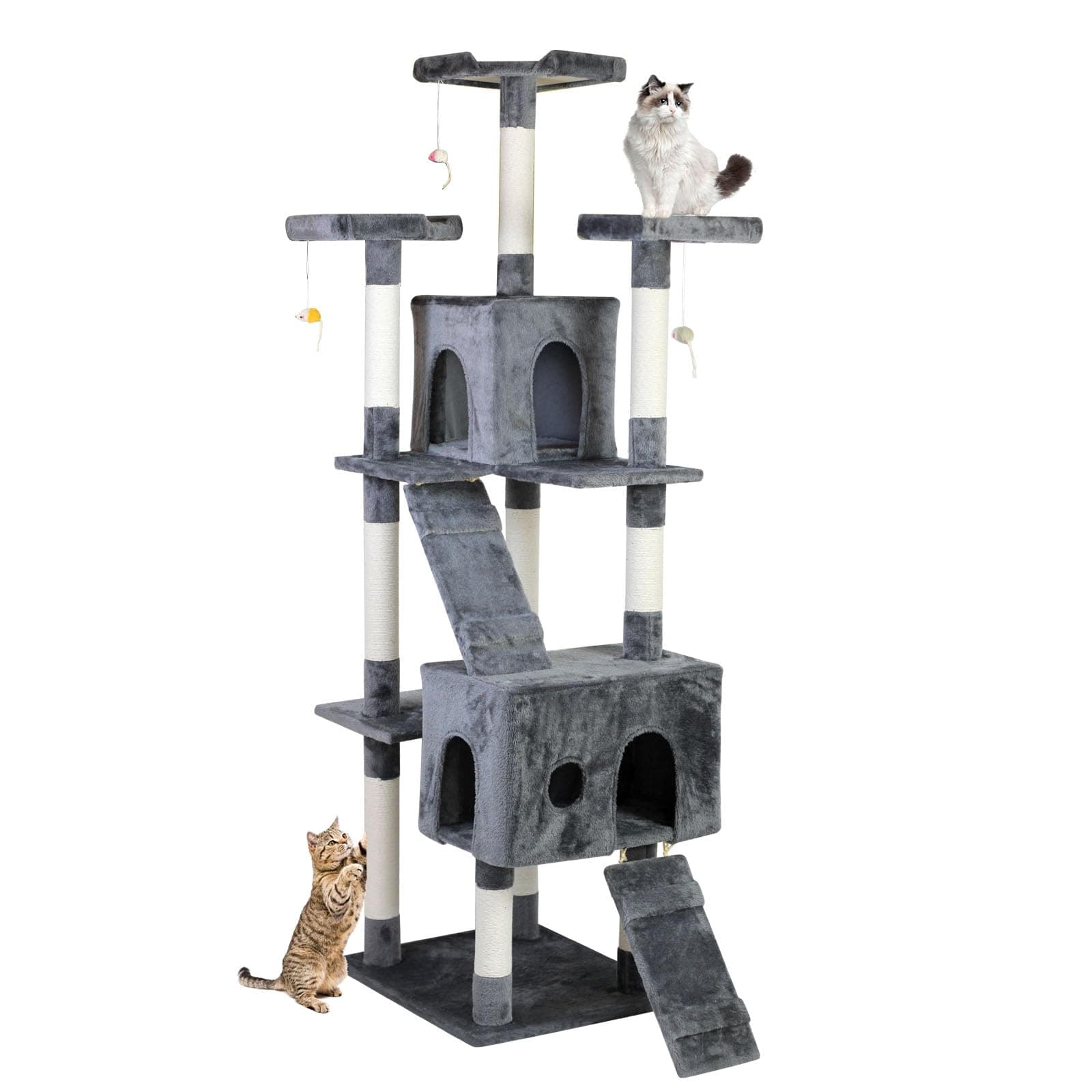 SKY-TOUCH Cat Tree Tower｜Durable Cat Condo with Sisal Scratching Posts｜Cozy Cat House,｜Ladder & Resting Platforms for Indoor Use | Assembly accessories｜185×55×50cm,Gray
