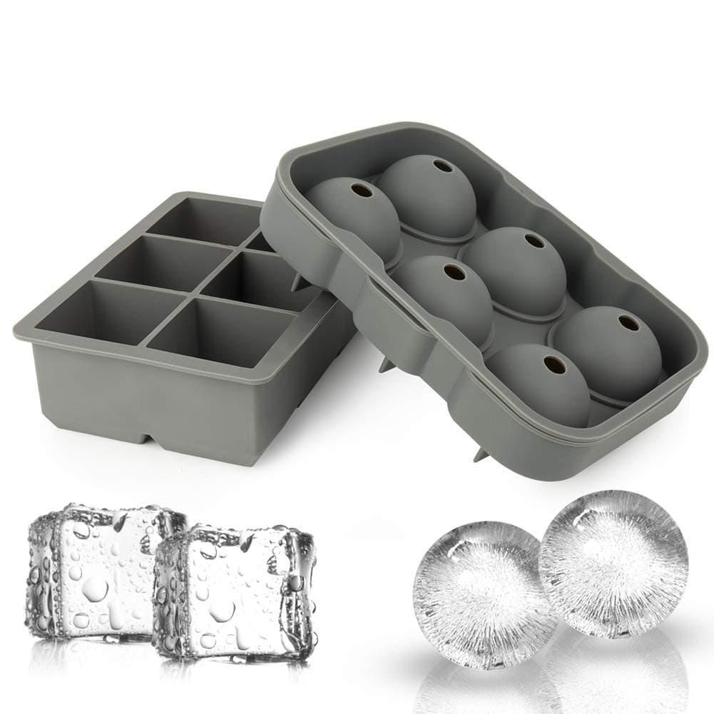 Ticent Ice Cube Trays & Sphere Ice Molds - Set of 2 - Silicone Ice Ball Maker with Lid & Large Square Molds for Whiskey, Cocktail & Brandy(Grey)