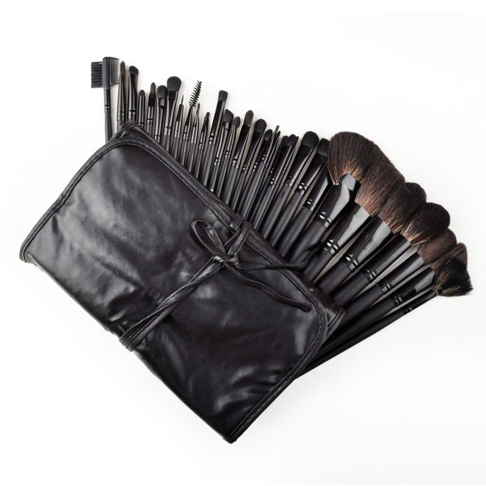 32pcs Studio Rod Makeup Brush Cosmetic Set Kit Case Makeup Brushes with Leather Pouch- For Eye Shadow, Blush, Concealer, Etc. (Black)