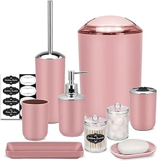 Bathroom Accessory Set - 8 Pcs Pink Bathroom Accessories Set with Trash Can, Soap Dispenser, Soap Dish, Toothbrush Holder, Toothbrush Cup, Toilet Brush Holder, Qtip Holder Dispenser with Labels
