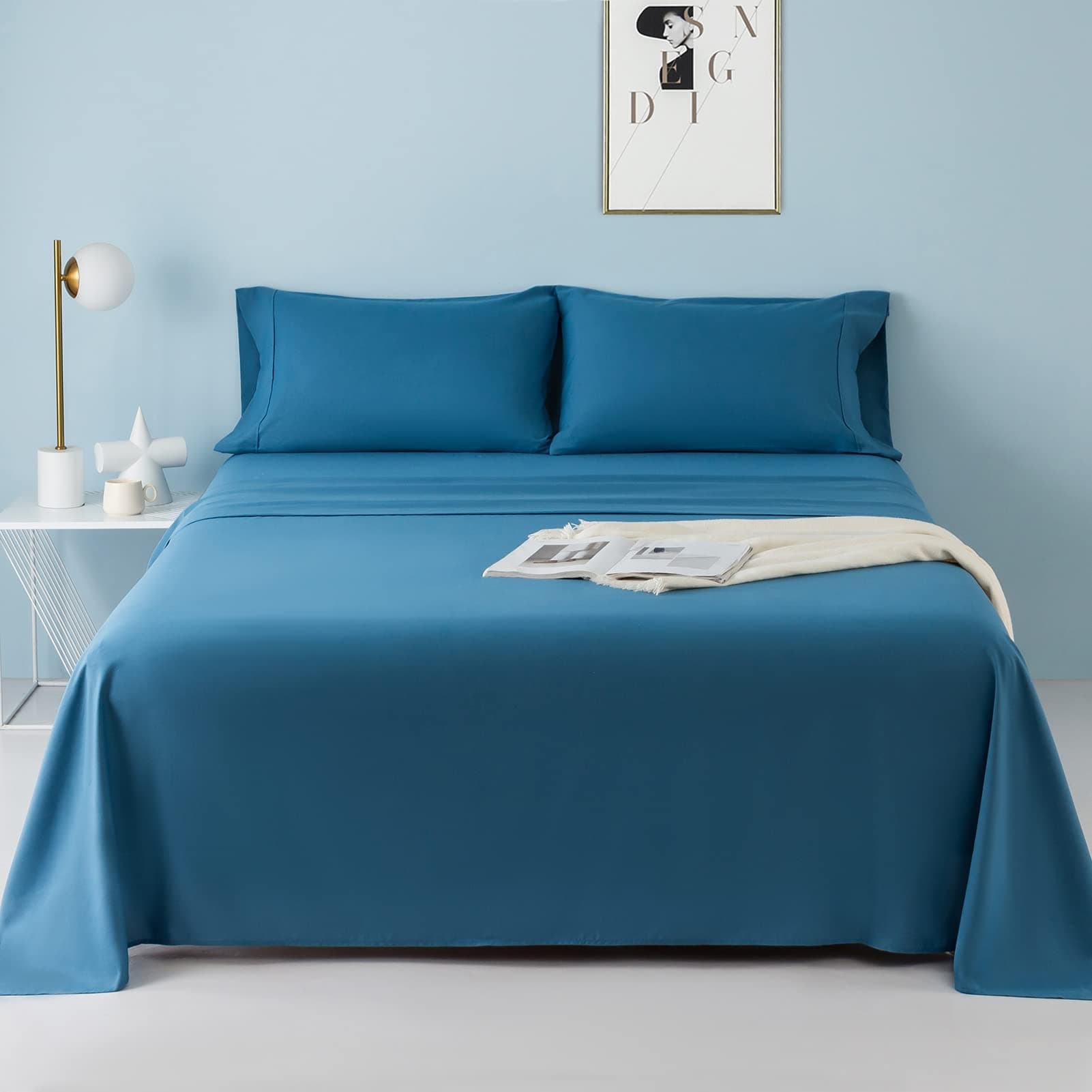 JOOKISheet Set King Luxury Hotel Bed Sheets Soft Microfiber Cooling Sheets Set 4 Pieces, Deep Pocket up to 16” Mattress, Breathable Machine Washable Bedding Set, Navy Blue