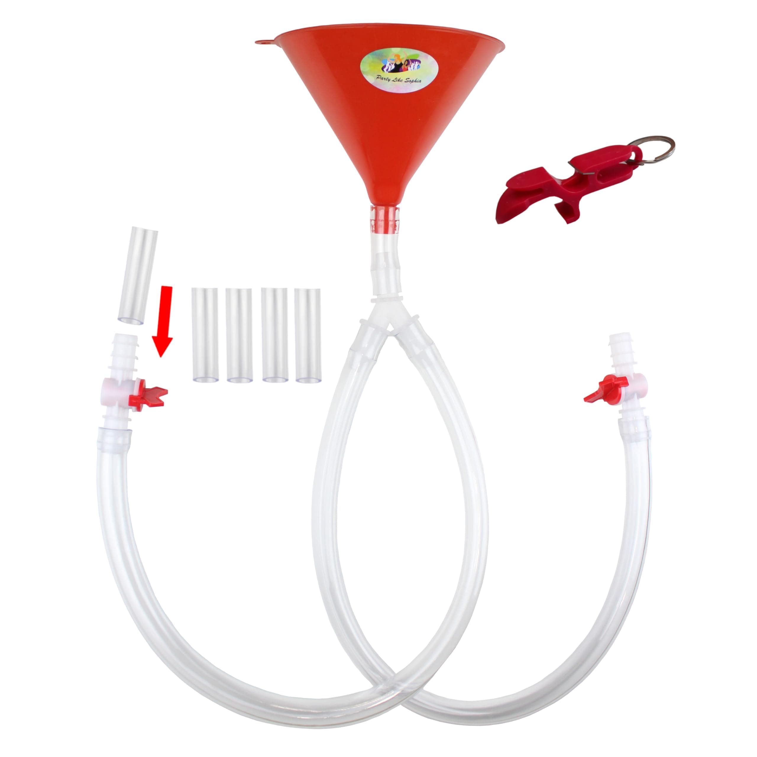 Beer Bong Double Header with 5 Foot Option - 2 Extra Long 2.5 feet(30 in) Kink Free Tubes, 5 mouthpieces, 2 nozzles - Shotgun Tool Keychain Bottle Opener - Premium Funnel for Drinking Games, Party