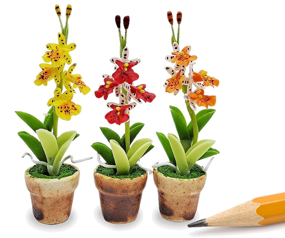 WitnyStore Tiny 2" High 3 Pieces Set Yellow Red Orange Orchid - Hand Made Artificial Flowers Colorful Miniature Realistic Modelling Clay Flower Plant Pot Blooming House Plants Home Indoor Decoration
