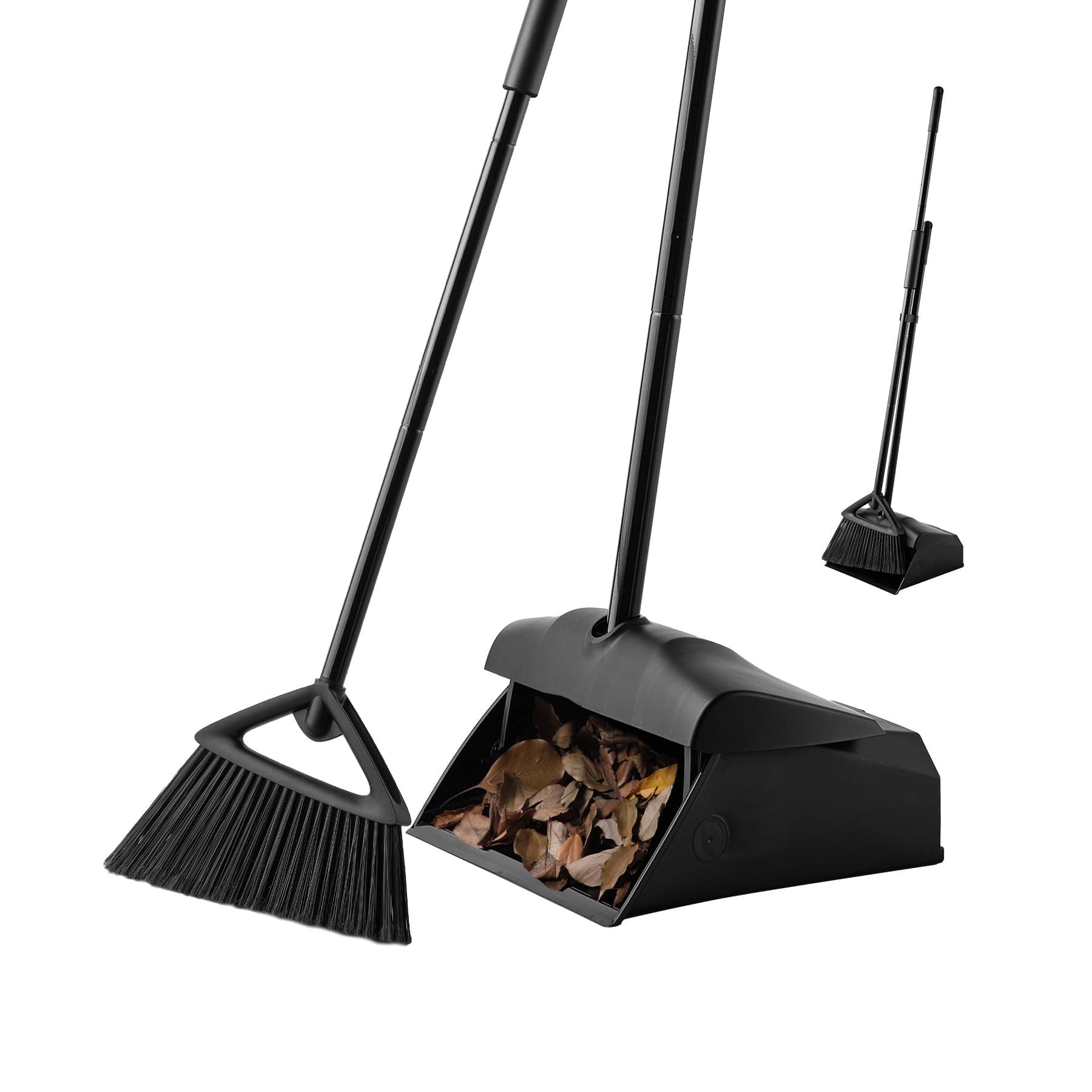 Commercial Angle Broom and Dustpan Combo, with Long Handle and Lid, Lobby Dust Pan Sweep Set for Outdoor Garages Courtyard Sidewalks Decks Indoor Home Kitchen Room Office (Black Broom+Dustpan)