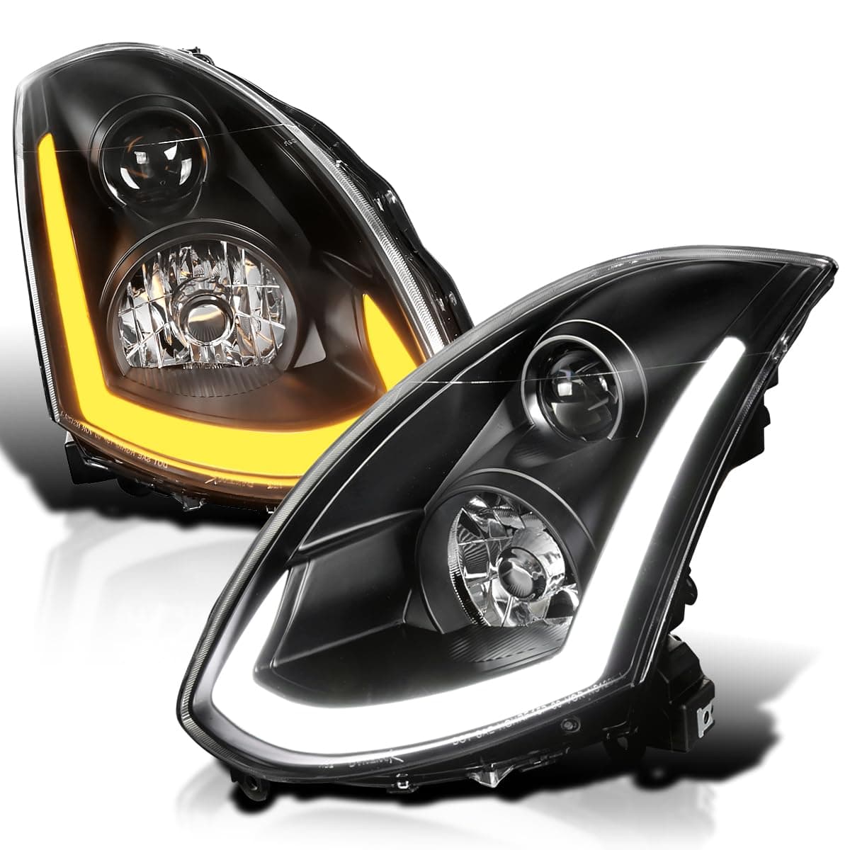 SPEC-D TUNING Black Projector Headlights w/Sequential LED Strip Compatible with 2003-2007 Infiniti G35 Coupe, Left + Right Pair Headlamps Assembly