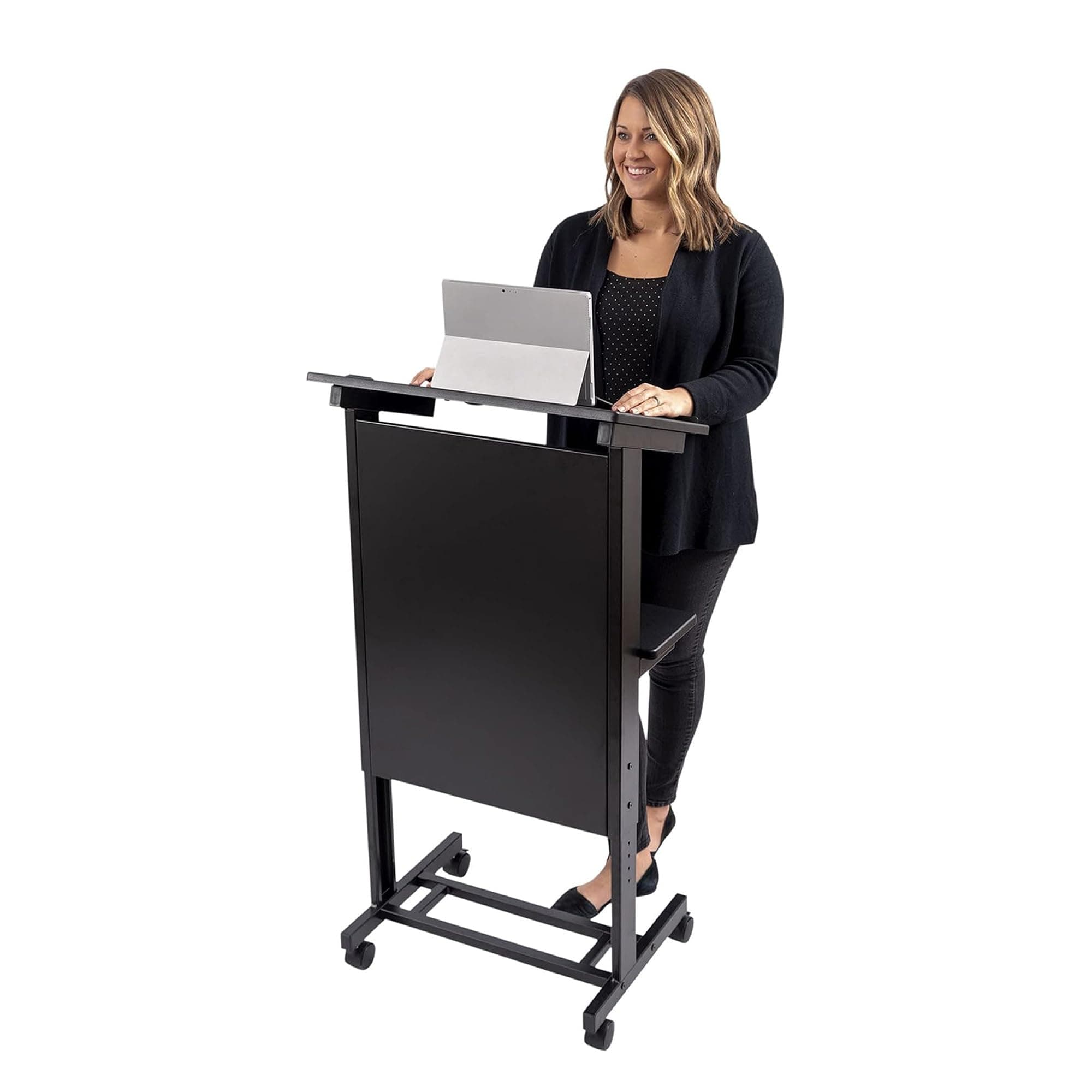 S Stand Up Desk Store Mobile Adjustable Height Rolling Lectern Podium with Heavy Duty Steel Frame (Black Frame/Black Shelves, 25.5" Wide)